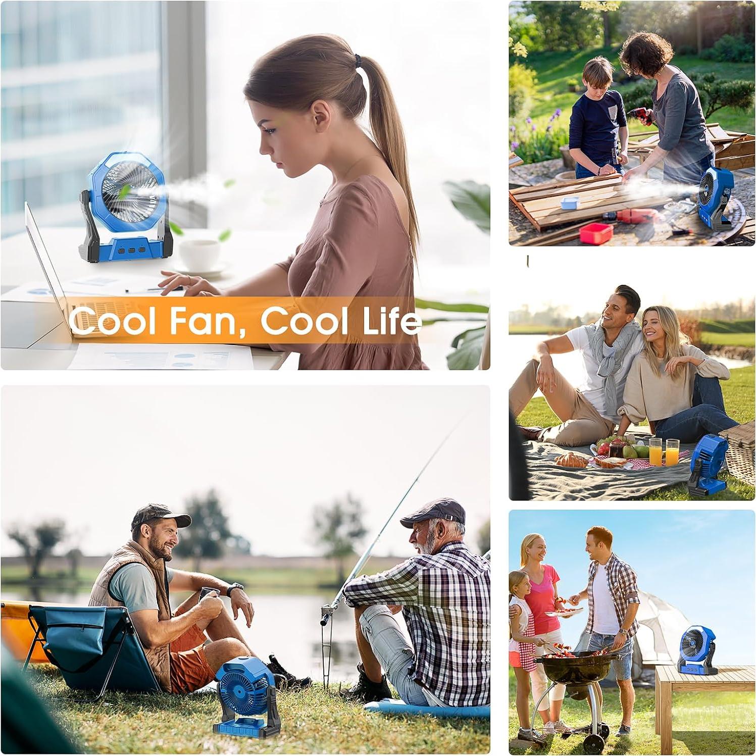 Ausic Portable Misting Fans for Outside, Outdoor Cooling Fan for Patios, 8 Inch Camping Battery Operated Rechargeable Fans, Spray Fan with Light & Hook for Beach, Tents, Travel