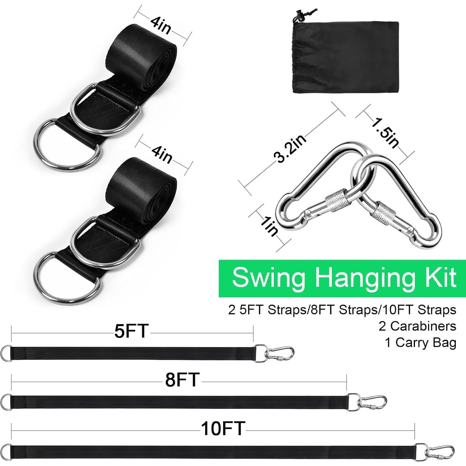 Tree Swing Hanging Straps Kit Holds 2000 lbs,5ft Extra Long Straps Strap with Safer Lock Snap Carabiner Hooks Perfect for Tree Swing & Hammocks, Carry Pouch Easy Fast Installation (5 ft)