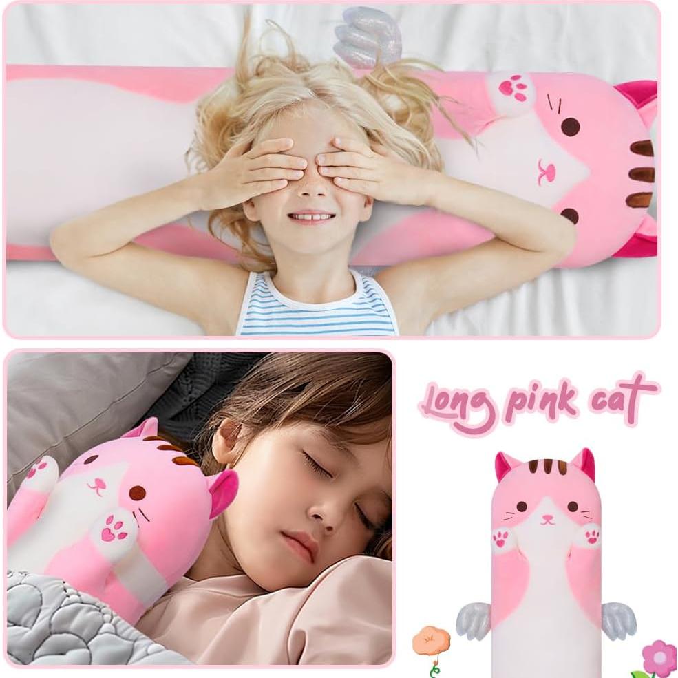Almohada de Gato de Peluche Rosa 110cm Suave y Abrazable