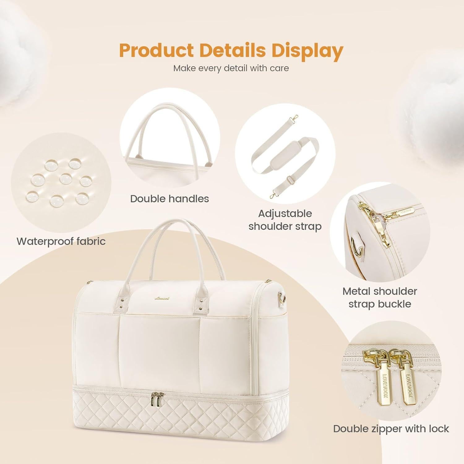 Bolsa de Viaje LOVEVOOK 2 en 1 Beige con Compartimento para Zapatos