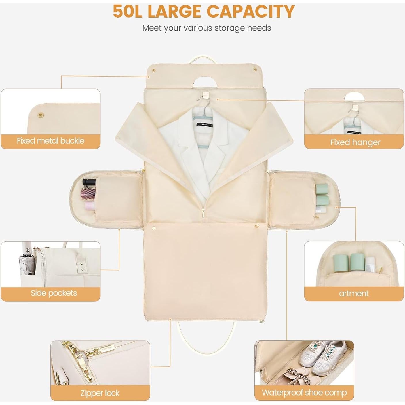 Bolsa de Viaje LOVEVOOK 2 en 1 Beige con Compartimento para Zapatos