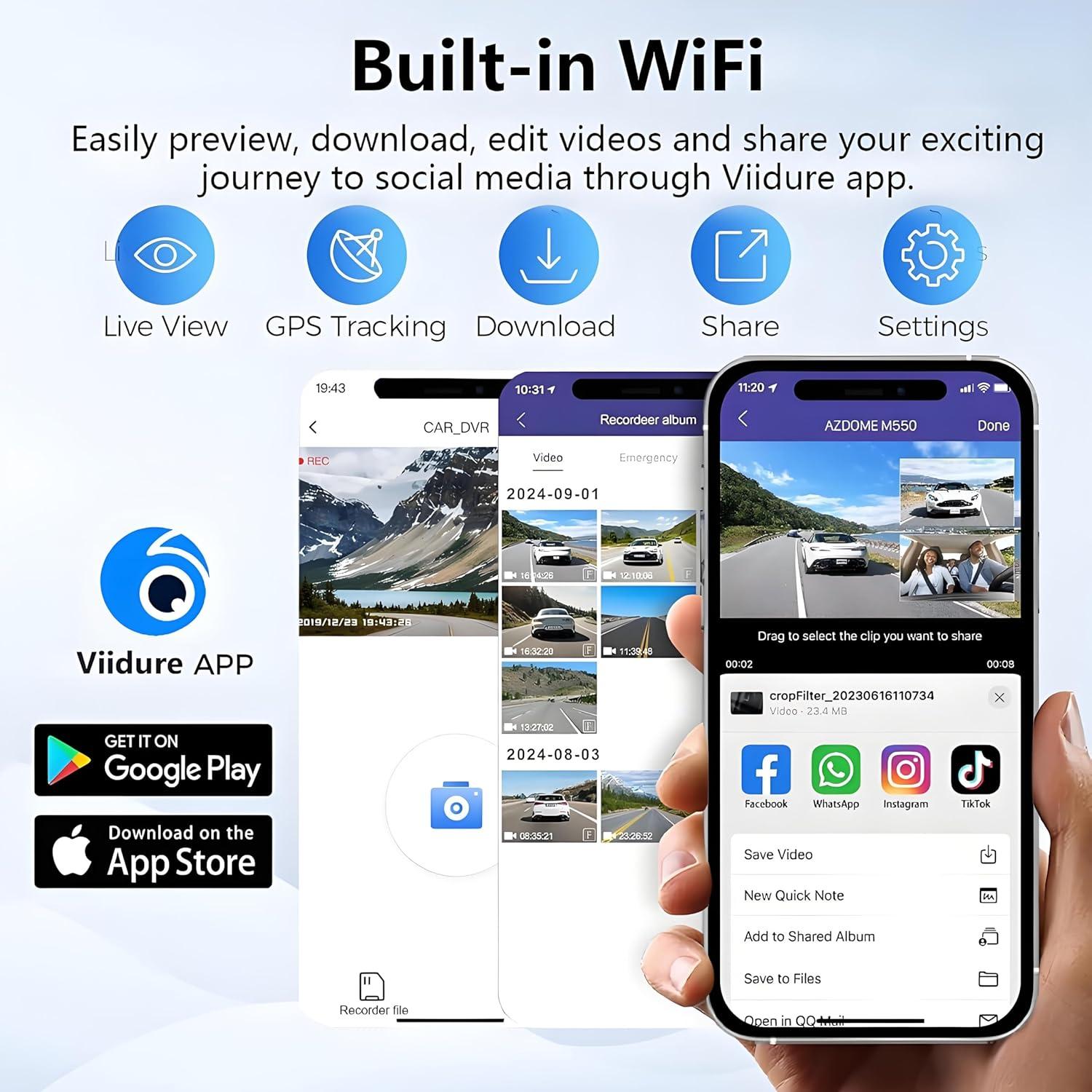 Cámara Dash 4K CRROPDA 3 Canales con Sensor G y App