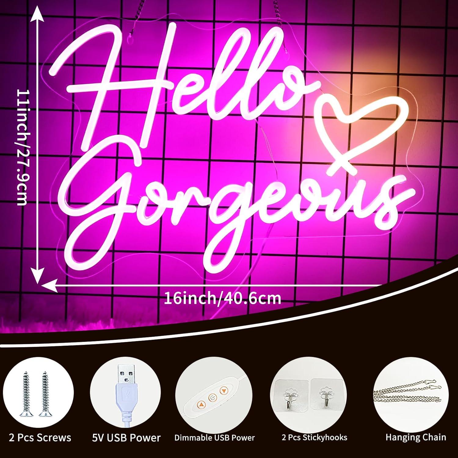 Letrero Neón LED Hola Preciosa Rosa 40x28cm USB Decoración