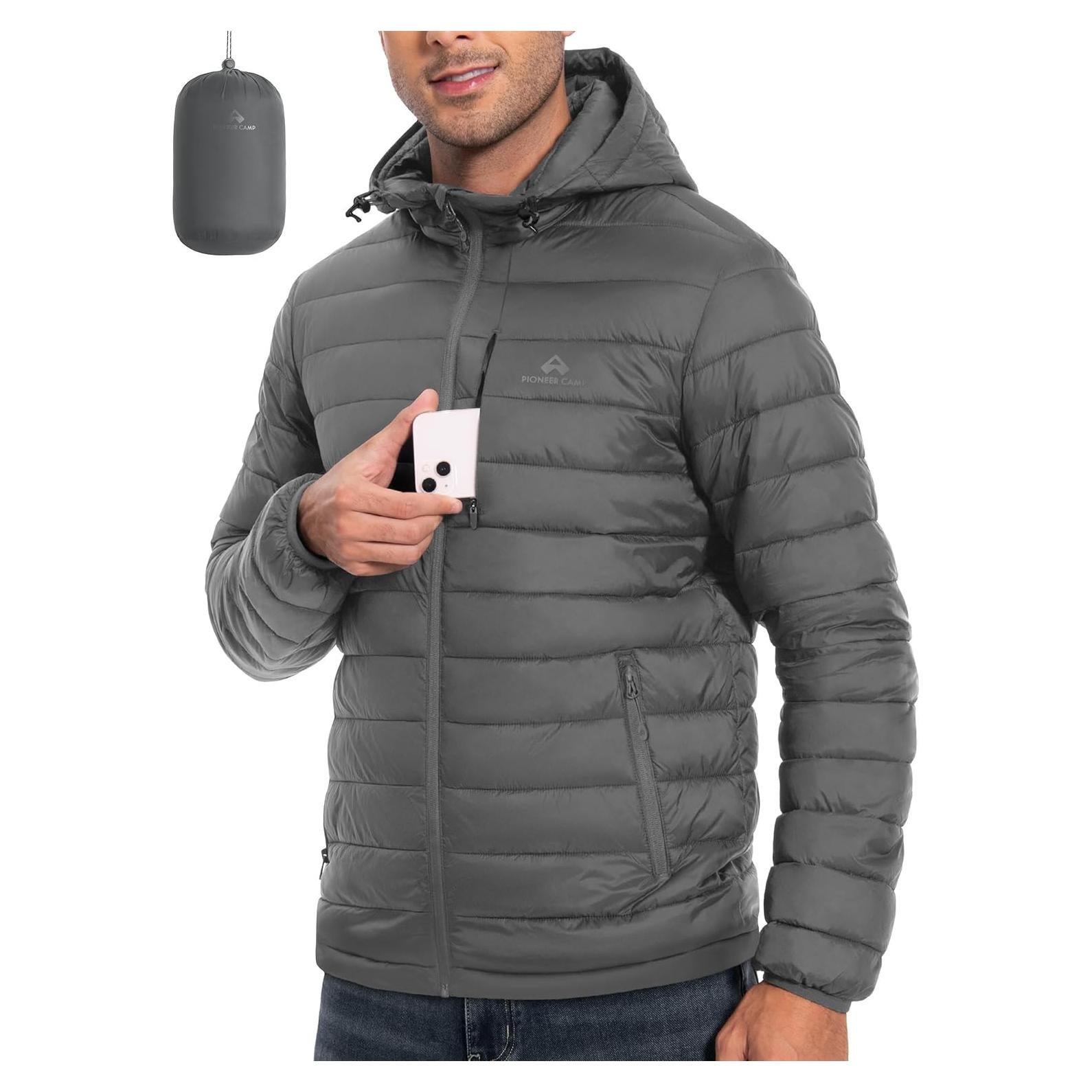 Chaqueta Puffer Ligera Hombre Gris con Capucha Impermeable