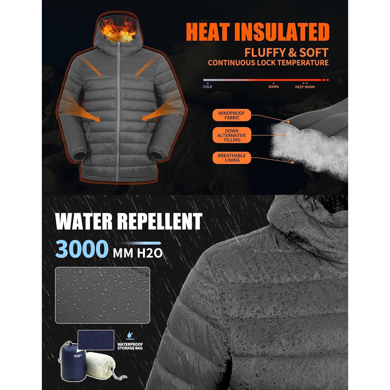 Chaqueta Puffer Ligera Hombre Gris con Capucha Impermeable