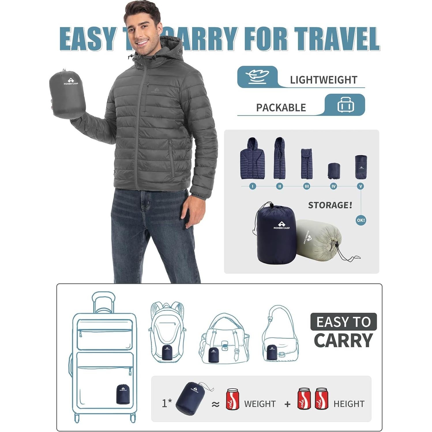 Chaqueta Puffer Ligera Hombre Gris con Capucha Impermeable