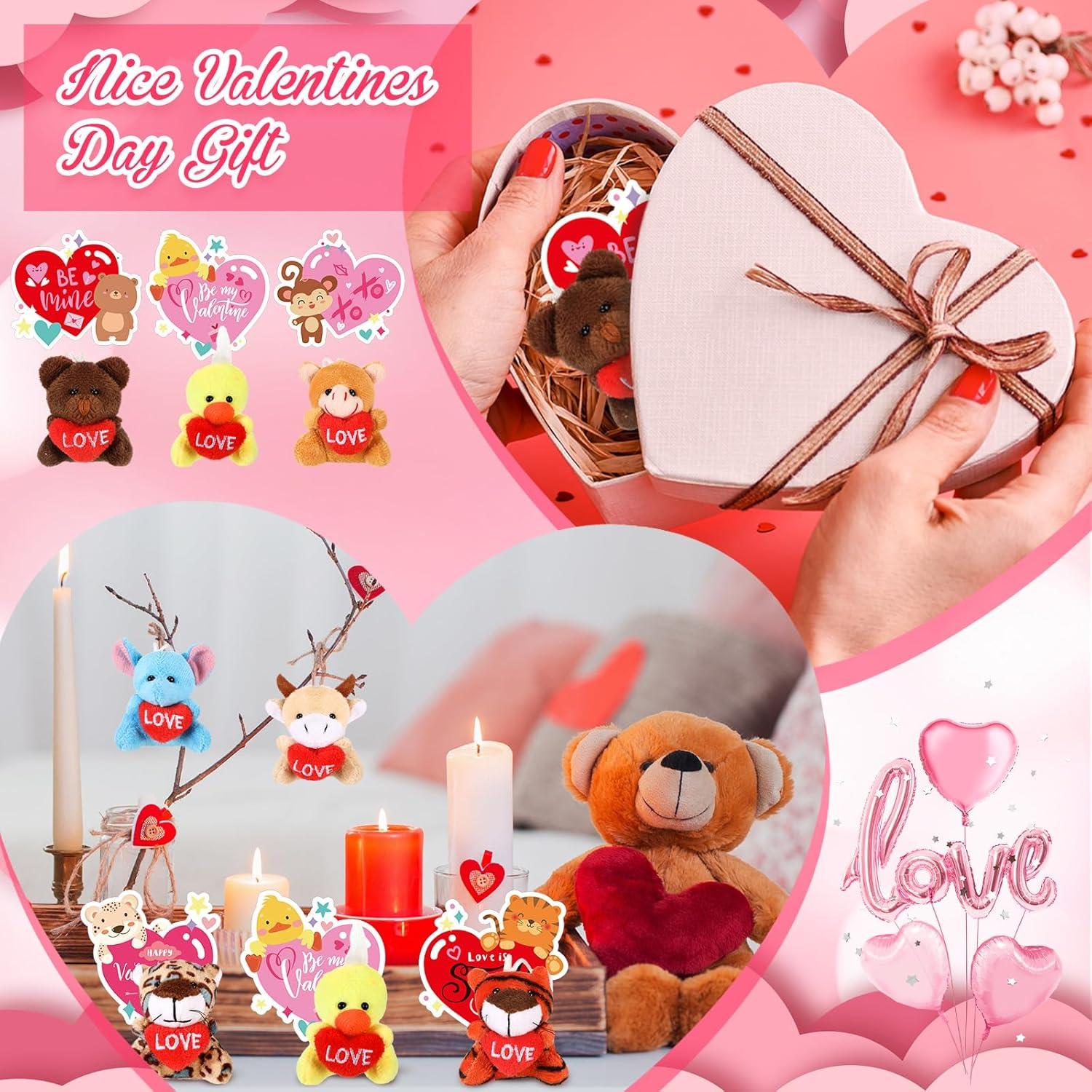 30 Mini Animales de Peluche San Valentín + Tarjetas + Llavero
