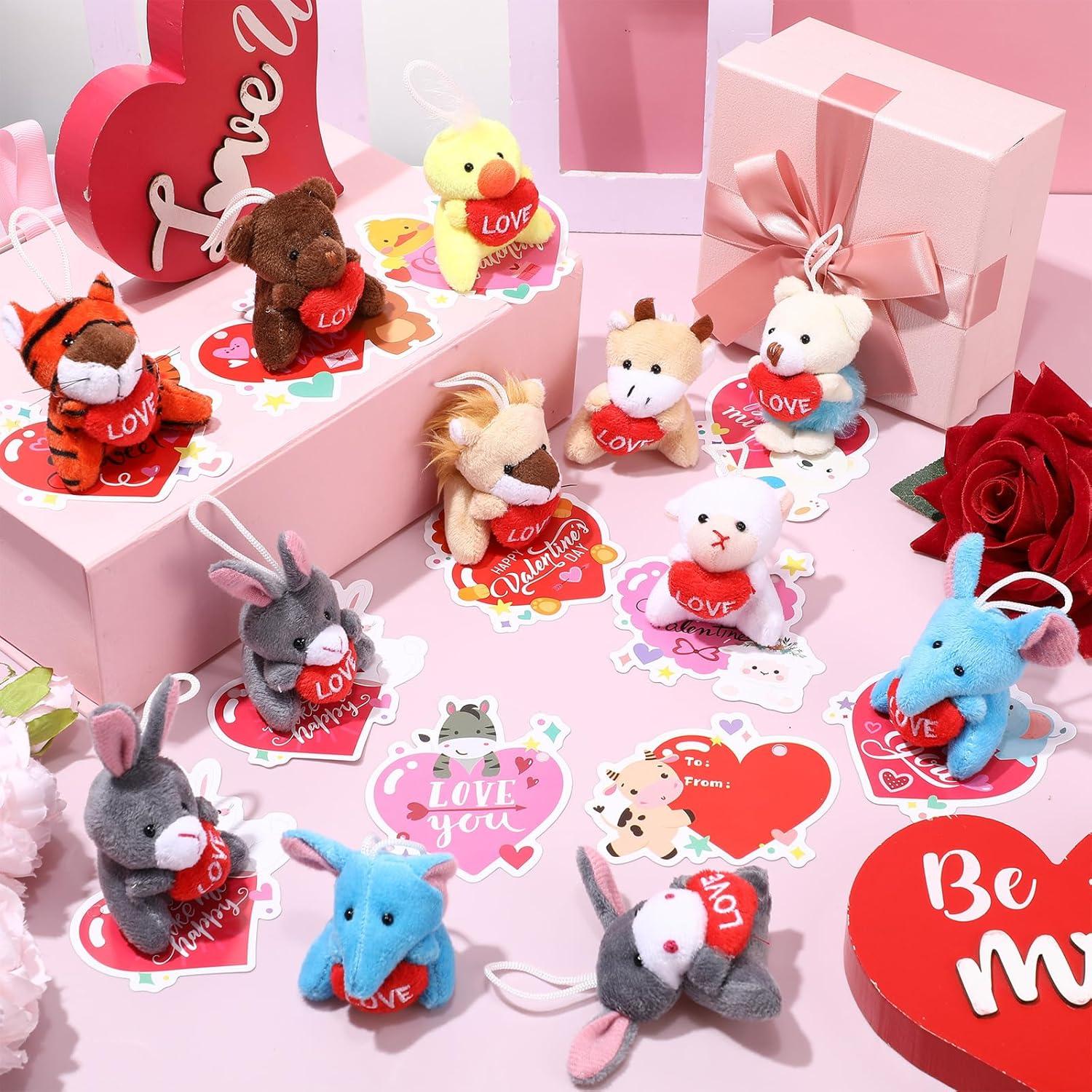 30 Mini Animales de Peluche San Valentín + Tarjetas + Llavero