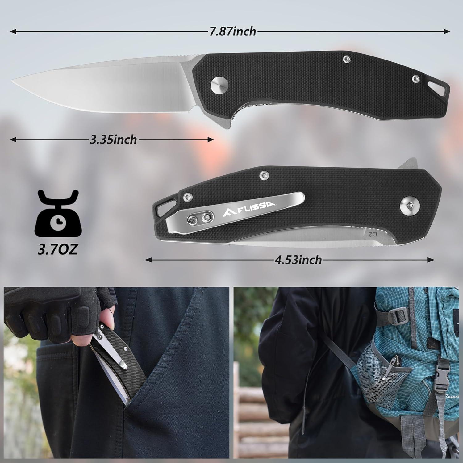 Cuchillo de bolsillo FLISSA plegable D2 con mango G10 negro