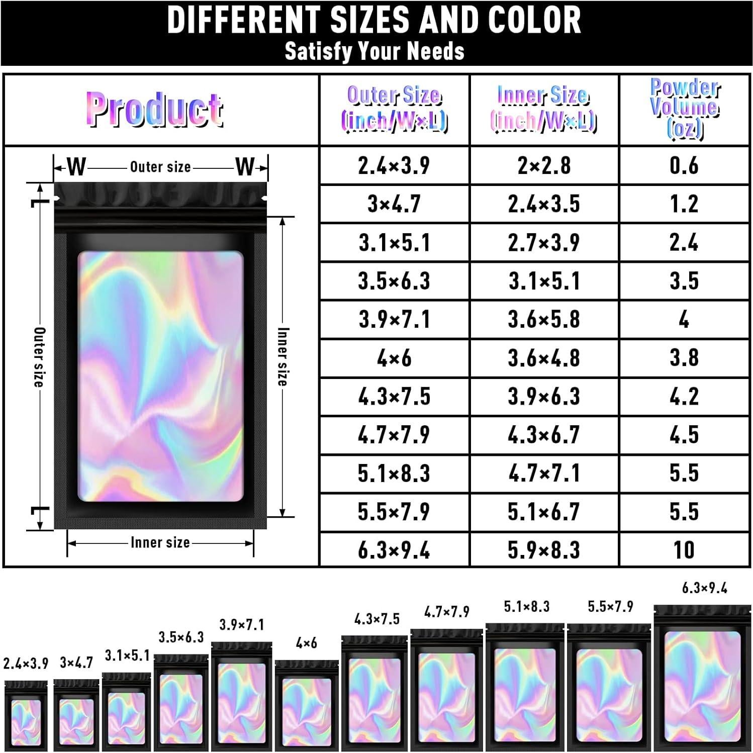 50 Bolsas Re sellables Holográficas 3x11.9cm para Alimentos