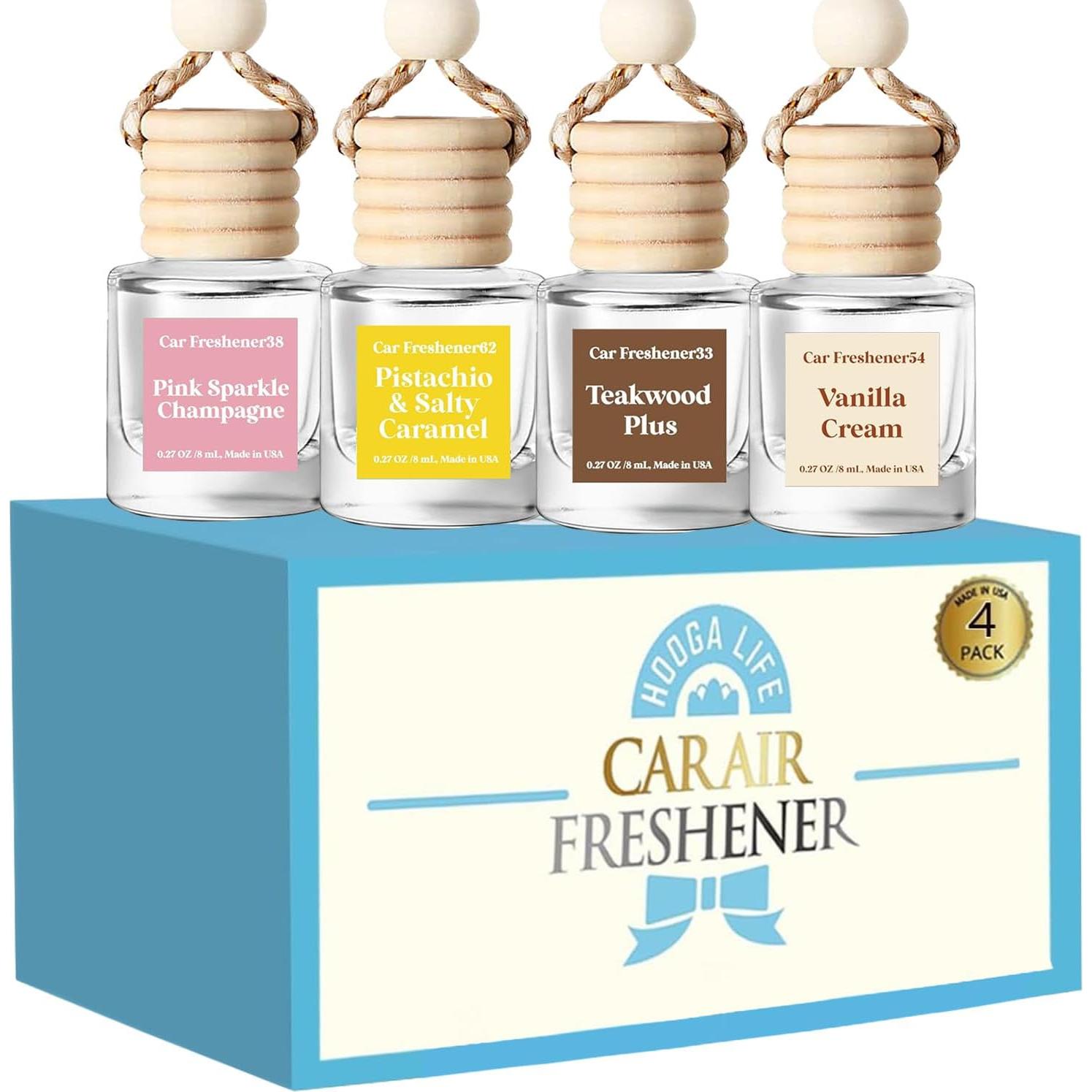 Difusor de Ambientador para Auto HoogaLife 4 Pack - Vainilla, Madera, Champán y Caramelo