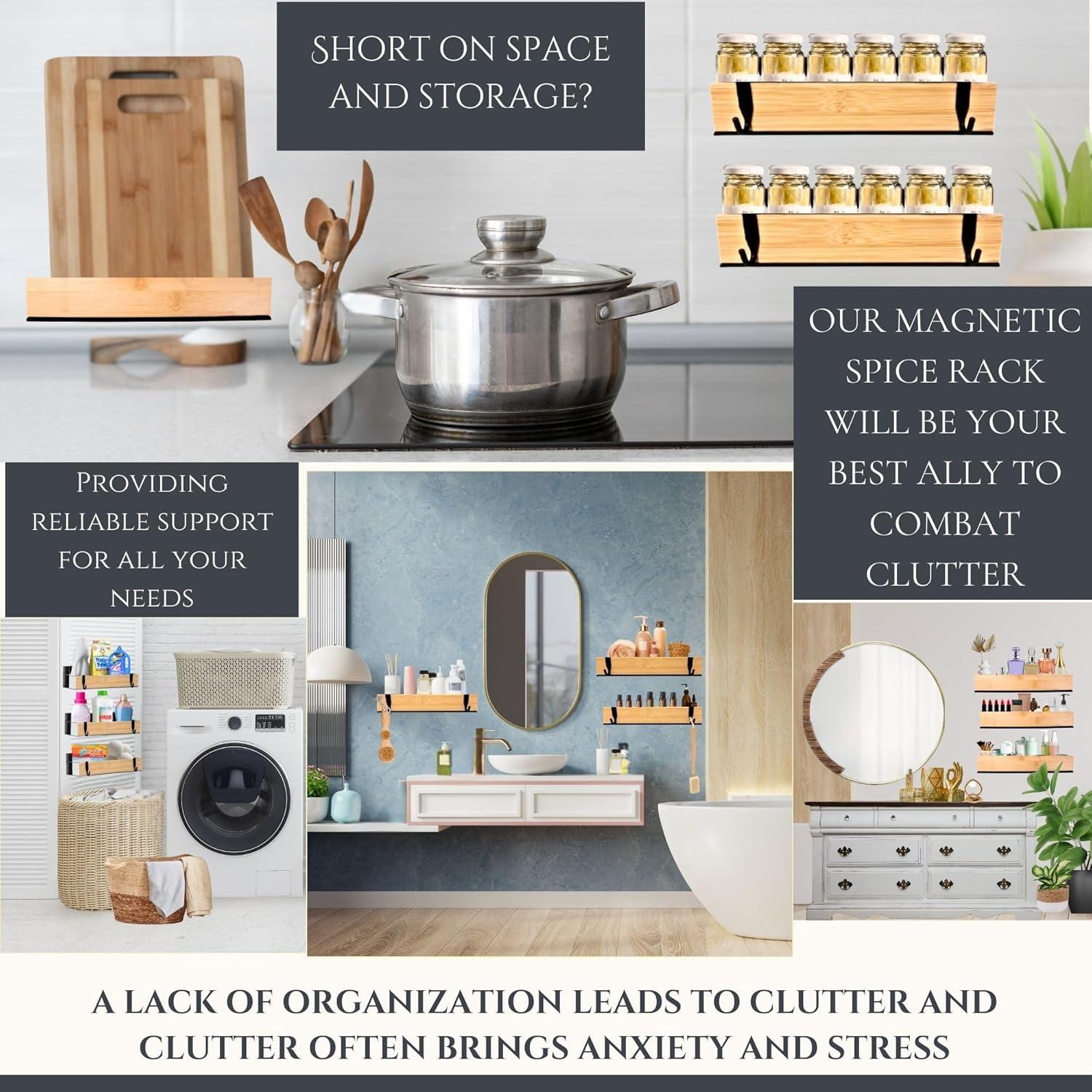 Estante Magnético para Especias WY Family - 3 Estantes, Negro-Bambú