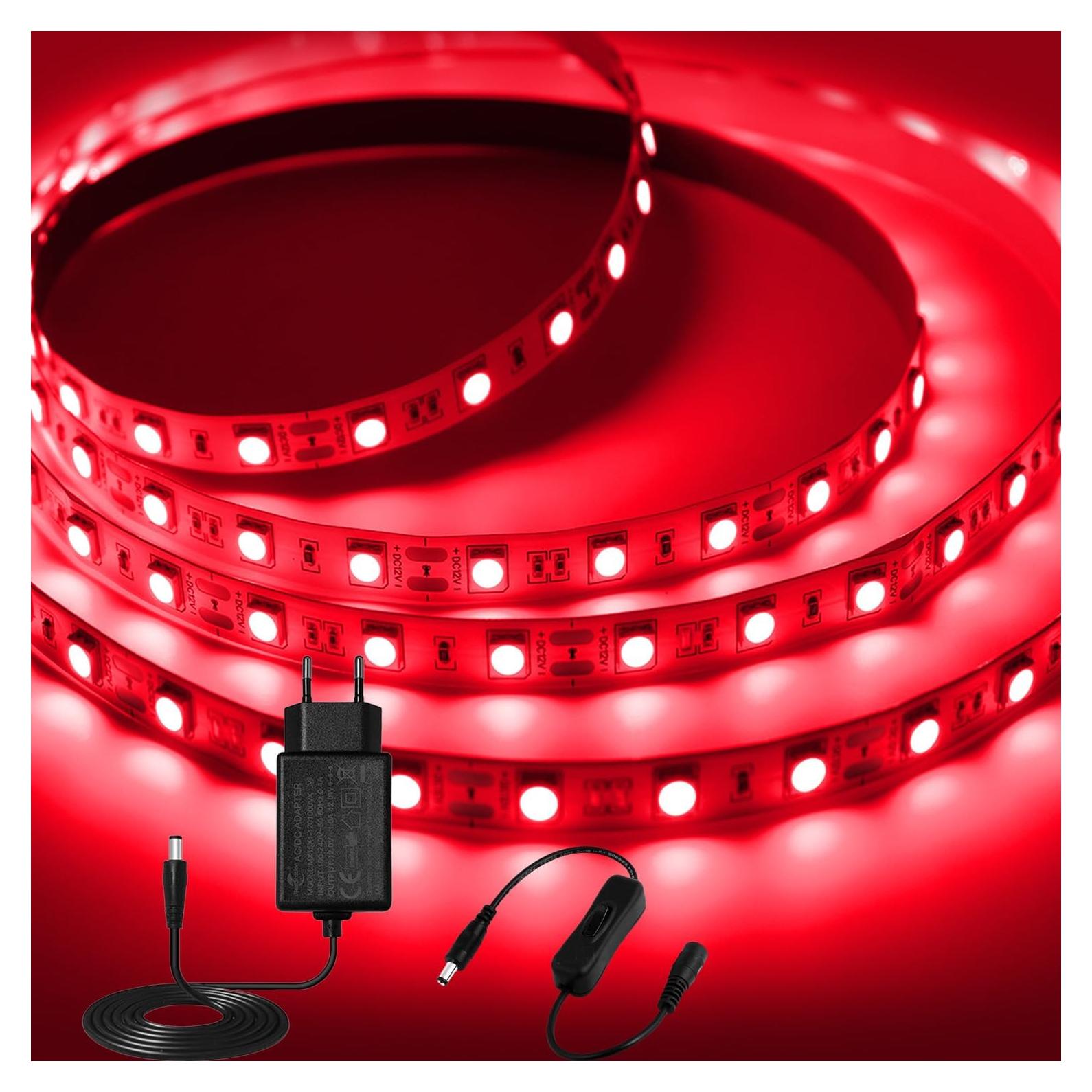 Tira LED 12V Roja SMD5050 5M con Adaptador y Interruptor