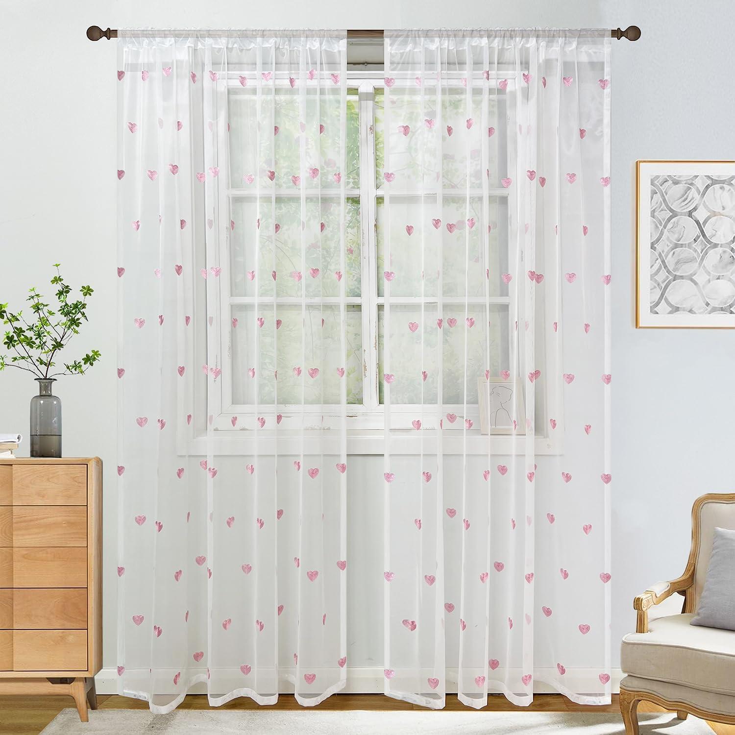 Cortina Sheer WINYY con Bordado Corazón Rosa 99.06x180.34cm