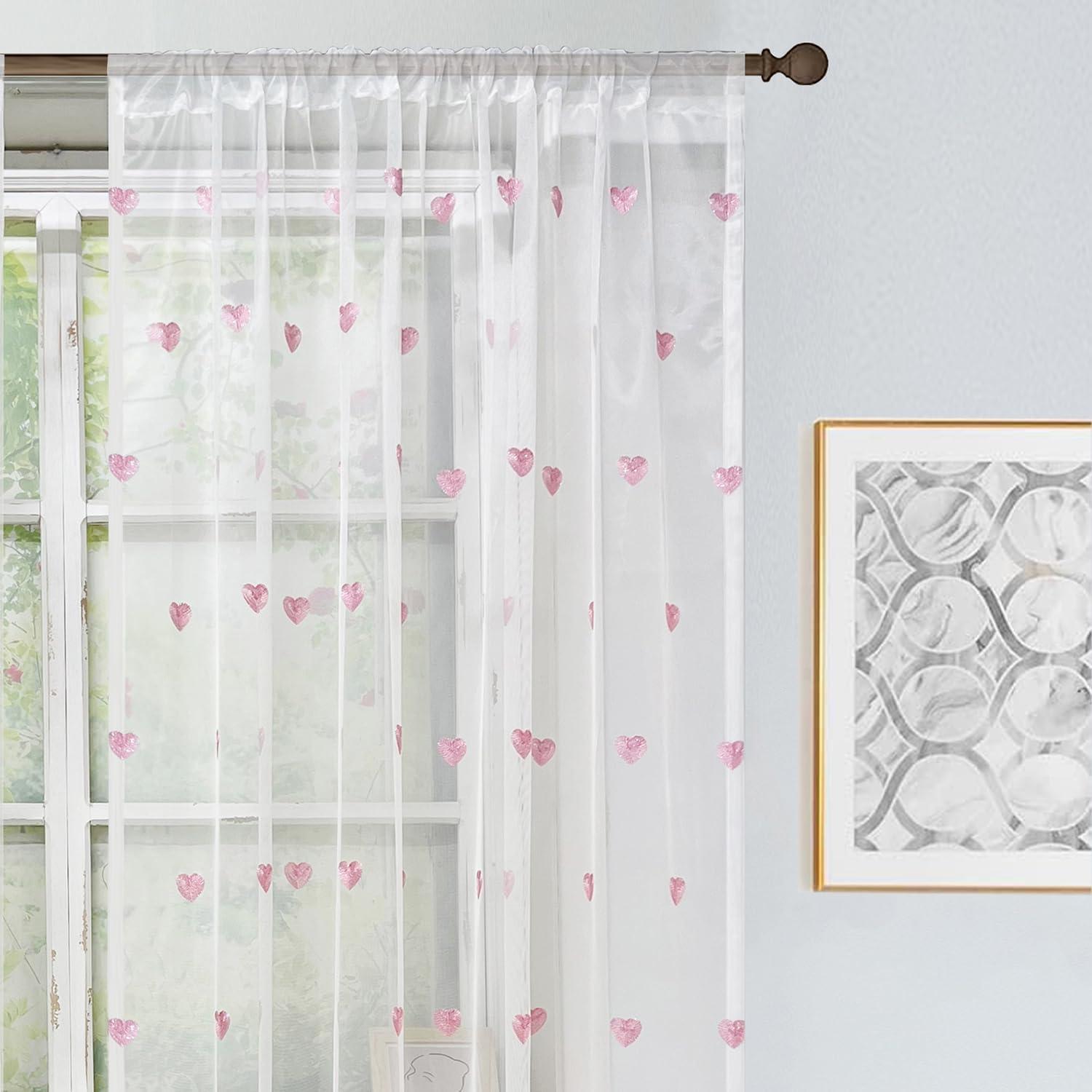 Cortina Sheer WINYY con Bordado Corazón Rosa 99.06x180.34cm