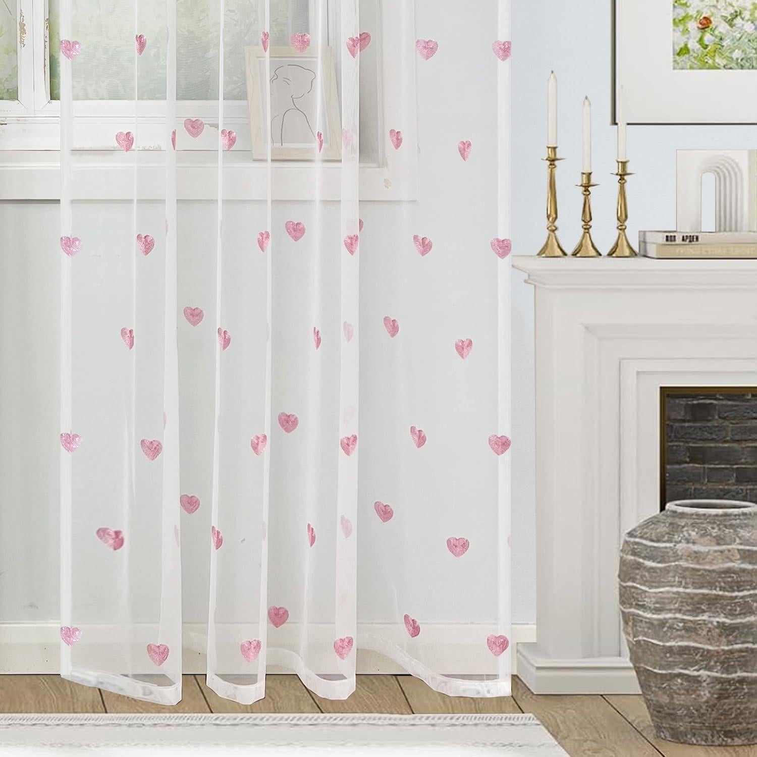 Cortina Sheer WINYY con Bordado Corazón Rosa 99.06x180.34cm