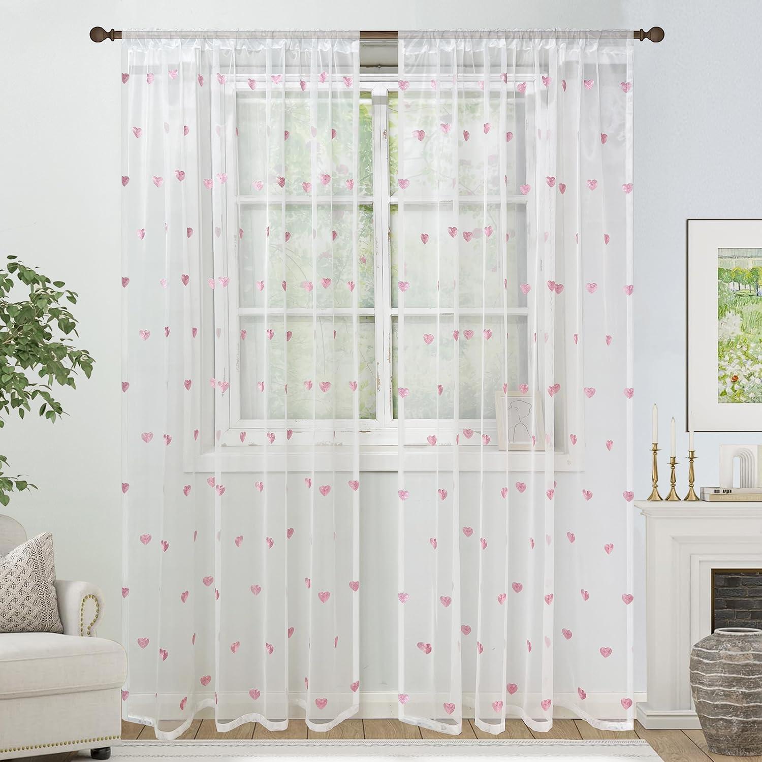 Cortina Sheer WINYY con Bordado Corazón Rosa 99.06x180.34cm