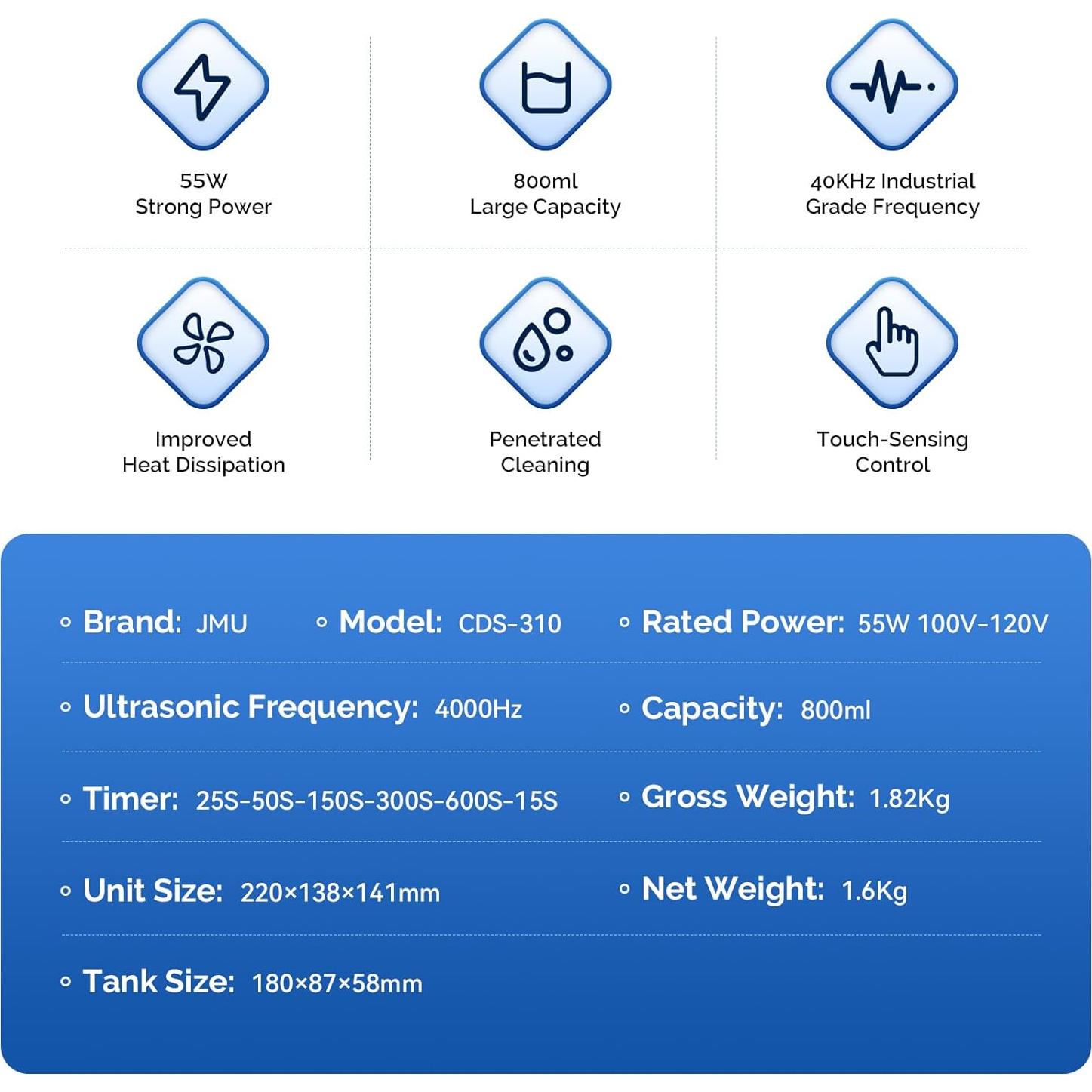 Limpiador Ultrasónico Dental JMU 800ml Acero Inoxidable