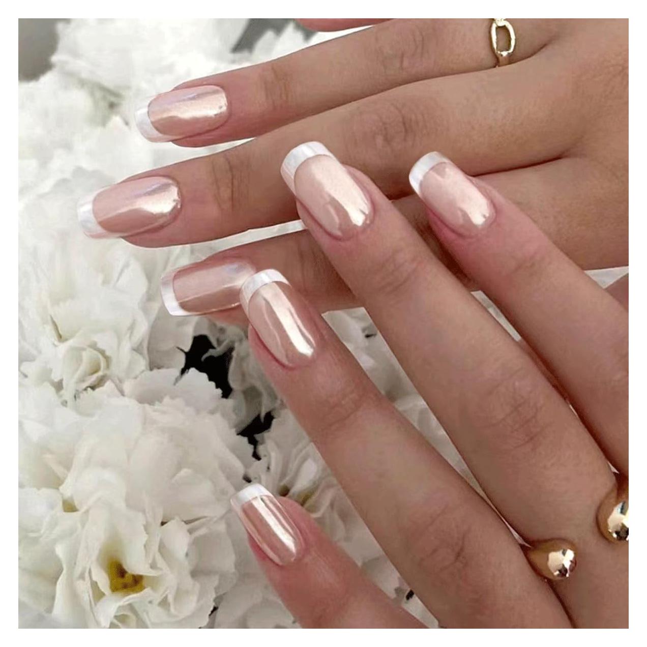 Uñas Acrílicas Postizas CurvLife Aurora - Cortas Cuadradas, Nude Brillante, 24 Piezas