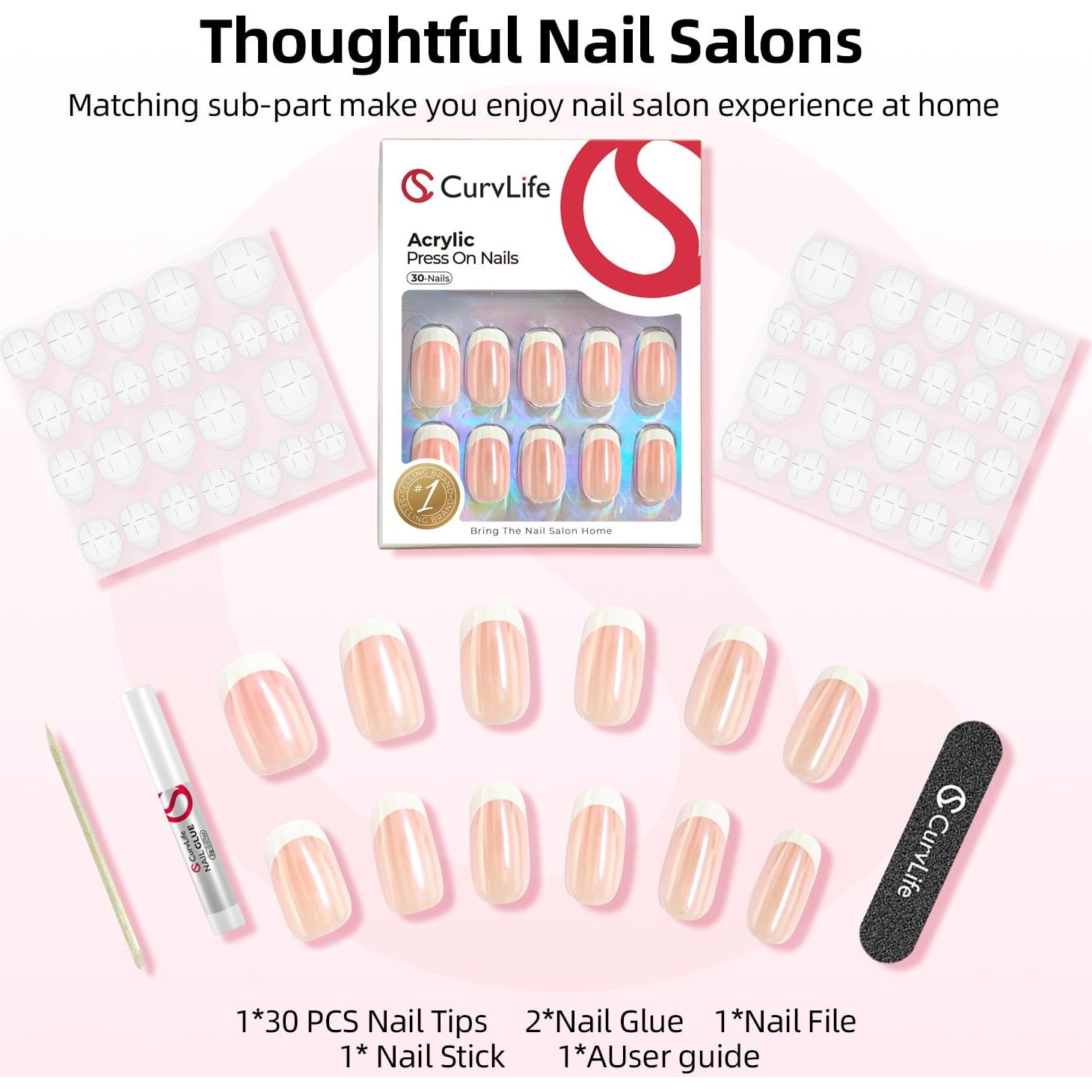 Uñas Acrílicas Postizas CurvLife Aurora - Cortas Cuadradas, Nude Brillante, 24 Piezas