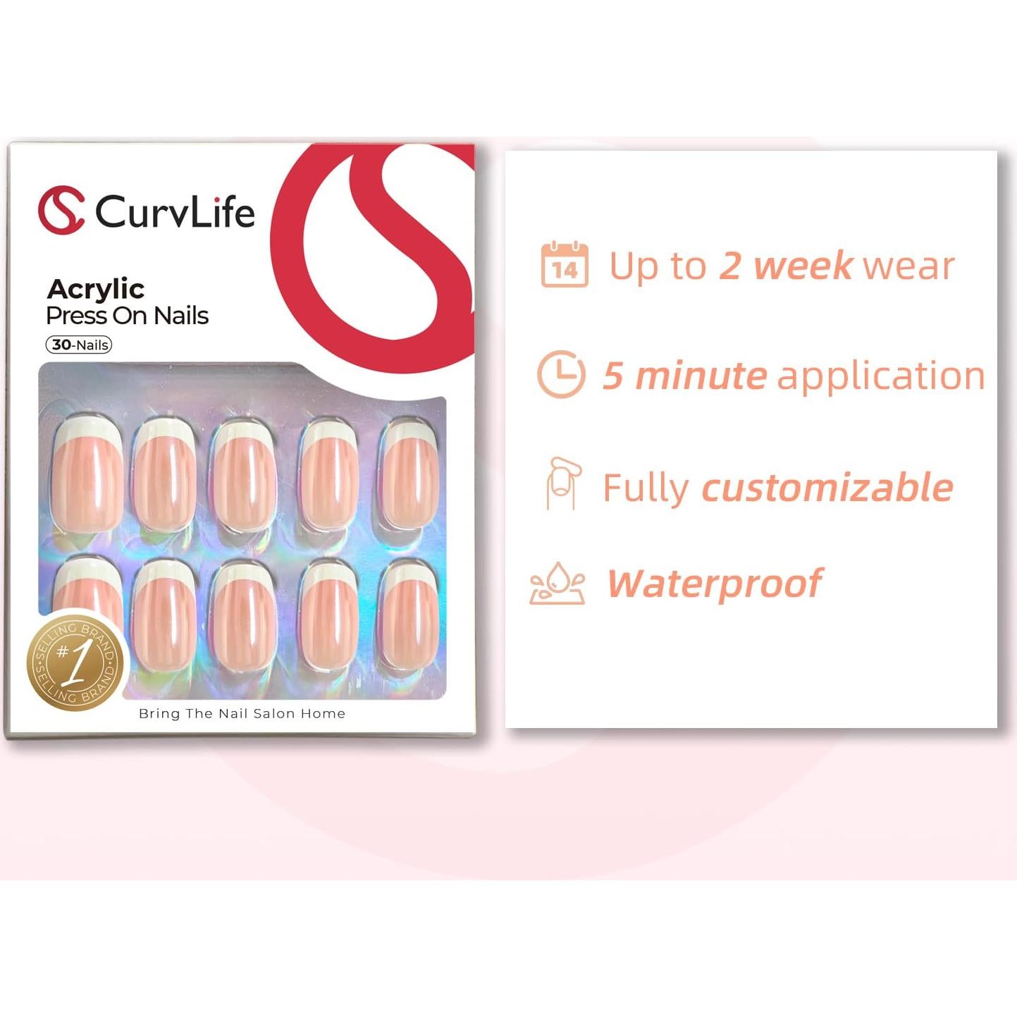 Uñas Acrílicas Postizas CurvLife Aurora - Cortas Cuadradas, Nude Brillante, 24 Piezas