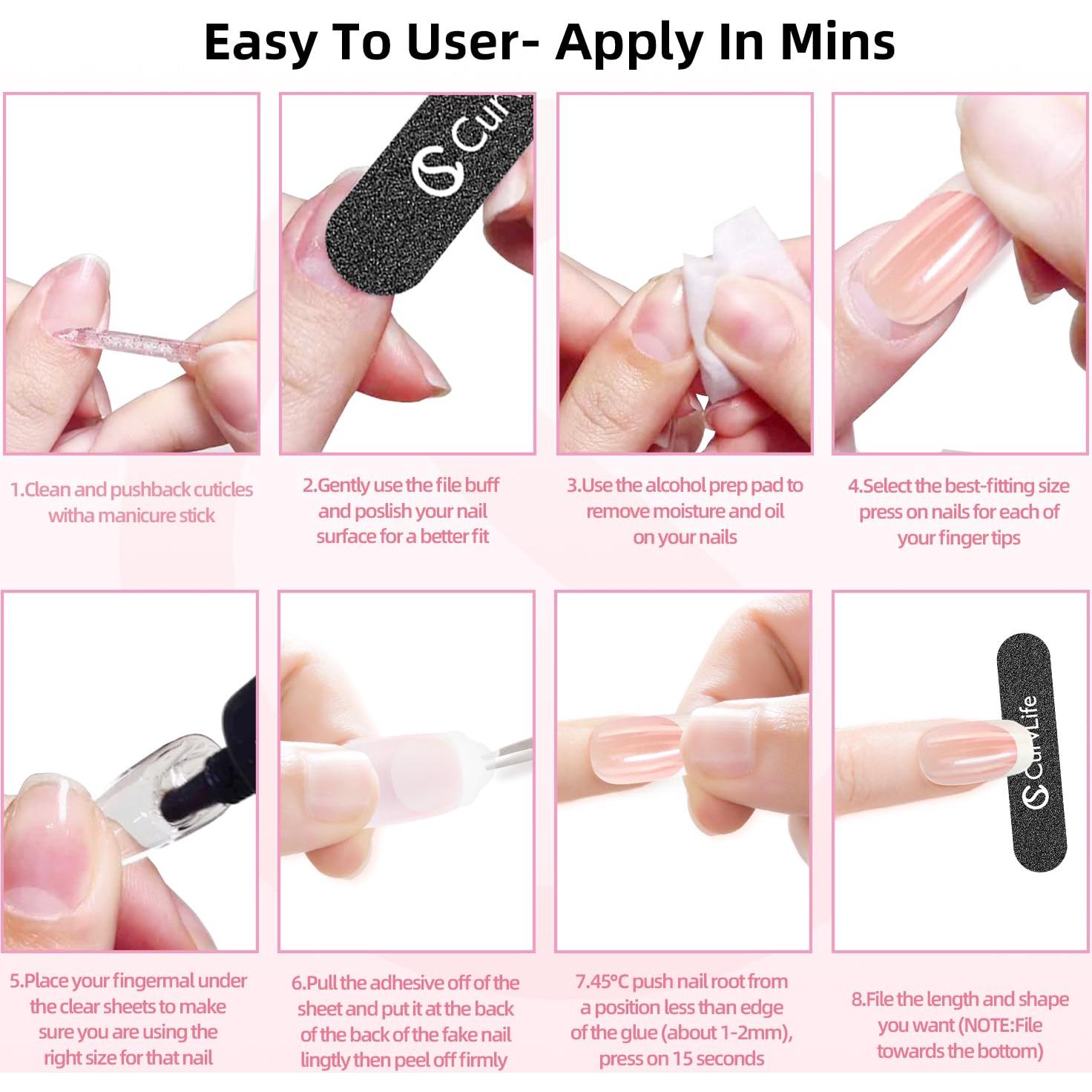 Uñas Acrílicas Postizas CurvLife Aurora - Cortas Cuadradas, Nude Brillante, 24 Piezas