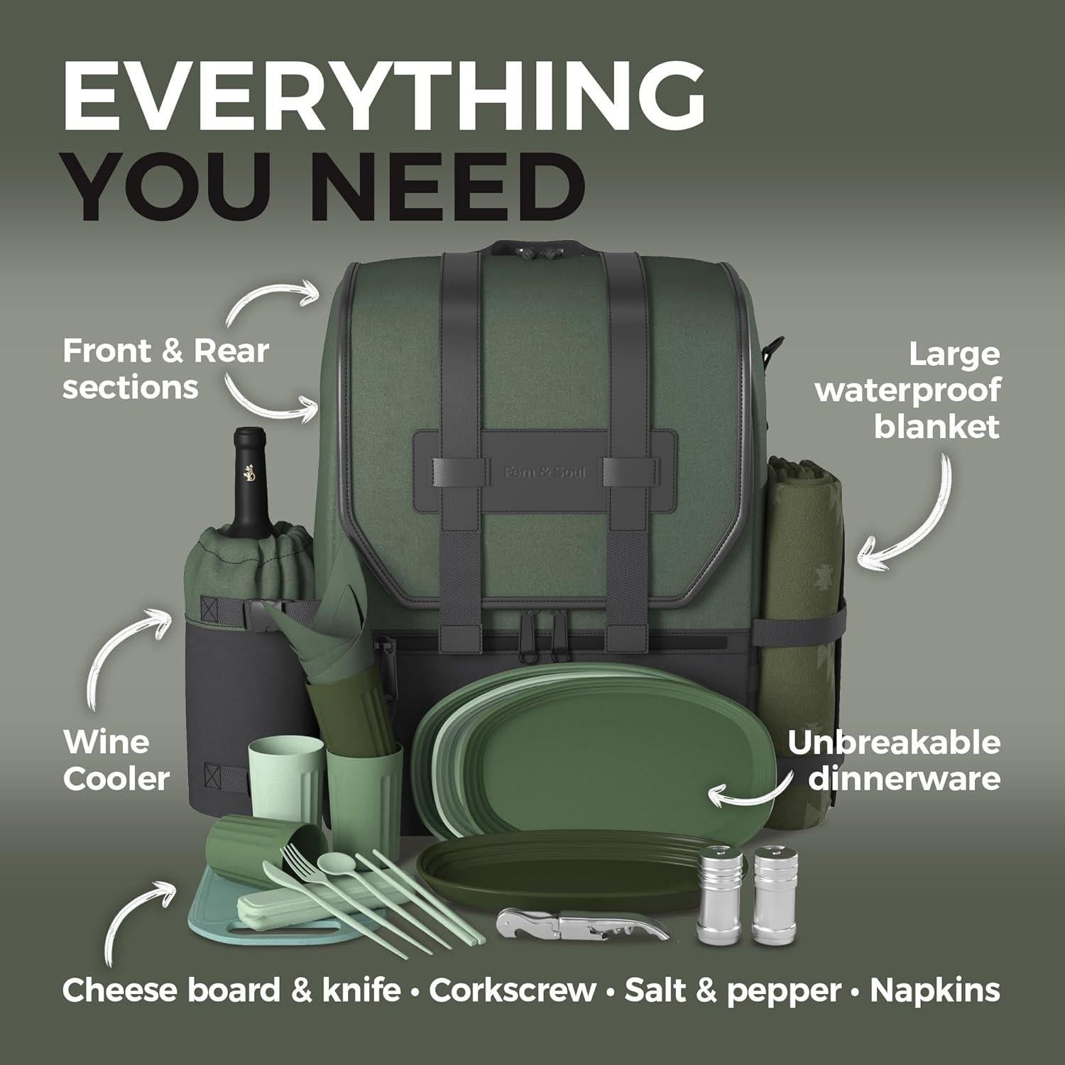 Mochila de Picnic Fern & Soul para 4 Personas con Manta y Enfriador