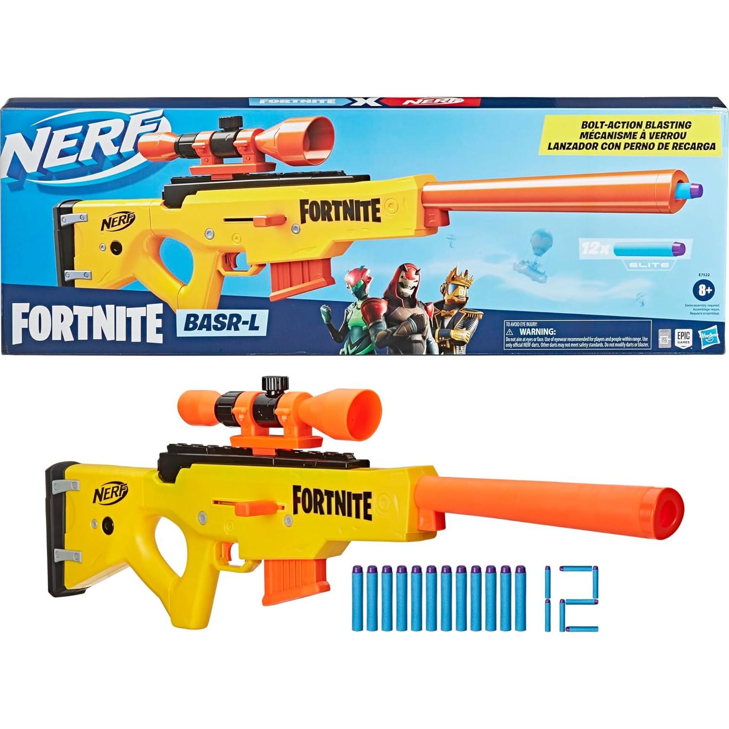 Fortnite BASR-L Bolt Action, Clip Fed Blaster - Includes Removable Scope, 6-Dart Clip and 12 Official Elite Darts