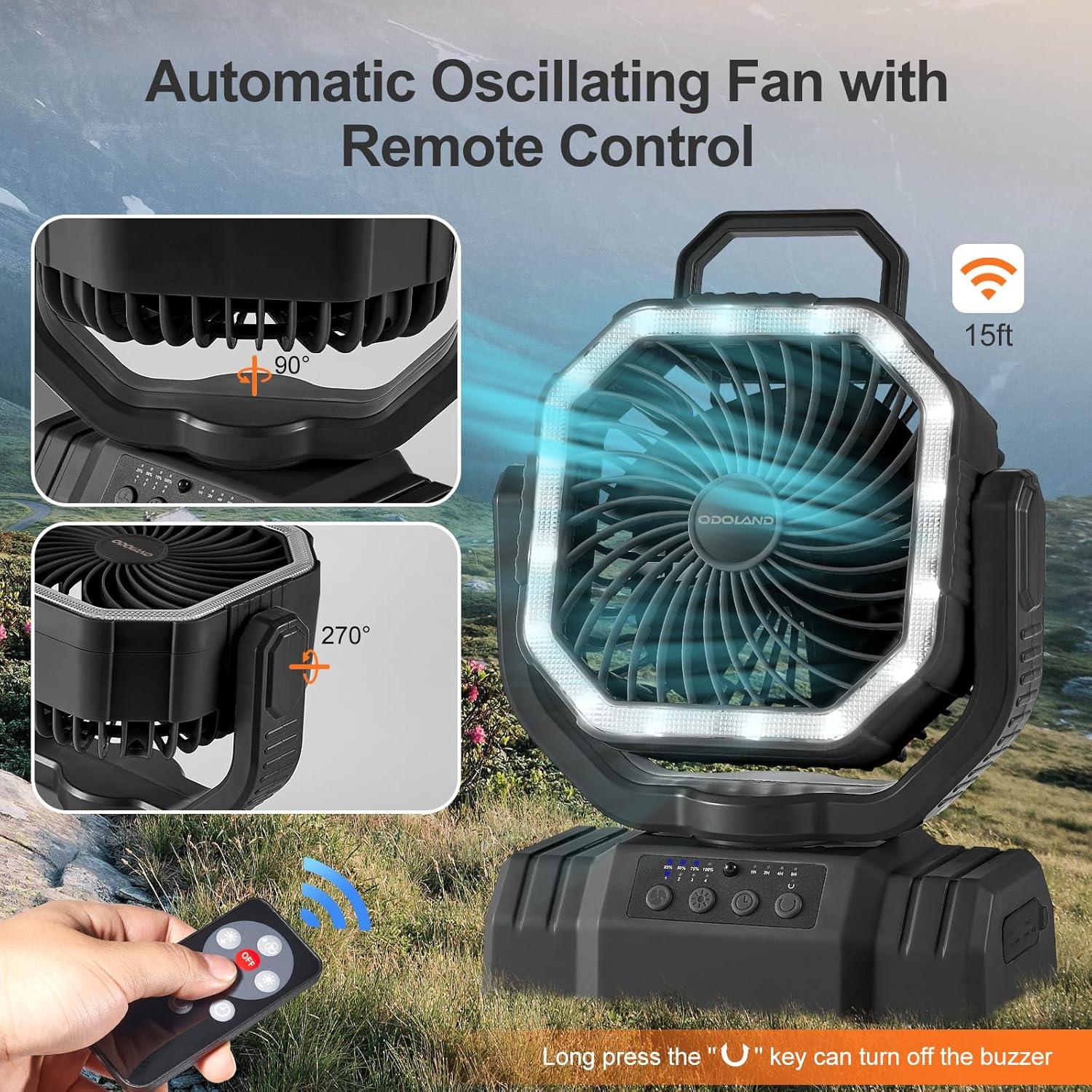 Ventilador de Camping Portátil Odoland 20000mAh con Linterna LED