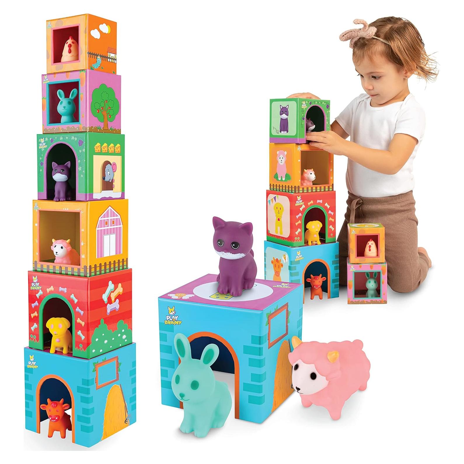 Play Brainy Farm Animal Sorting and Stacking Toys for Toddlers Ages 1-3 - 6 Sets of Animal Stacking Blocks Toddler Toys for Girls and Boys for Preschool Concepts & Early Learning Baby Gifts
