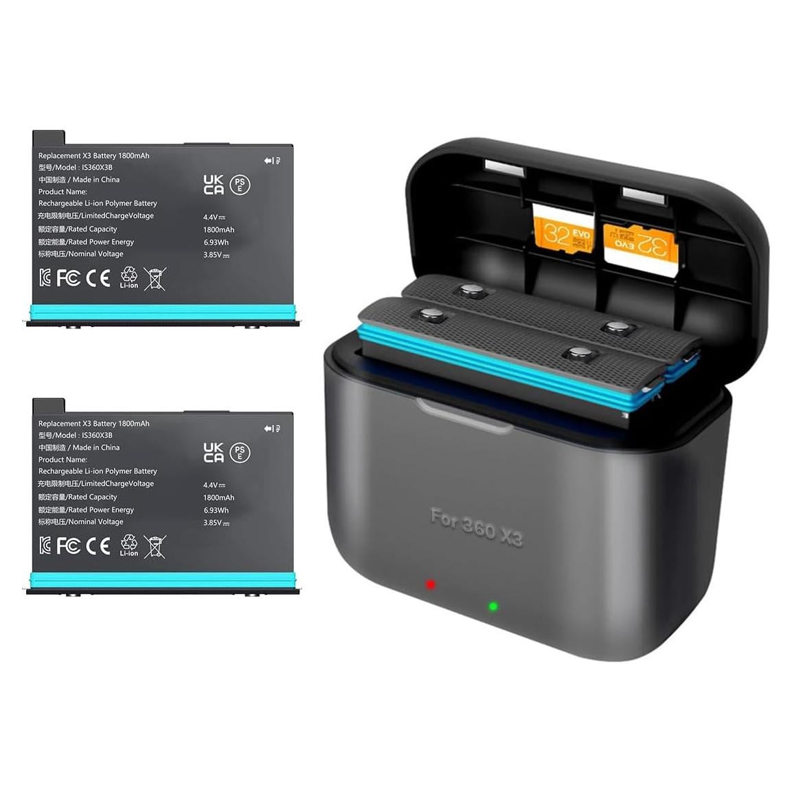 2 Baterías de Reemplazo 1800mAh + Hub Carga Insta 360 X3