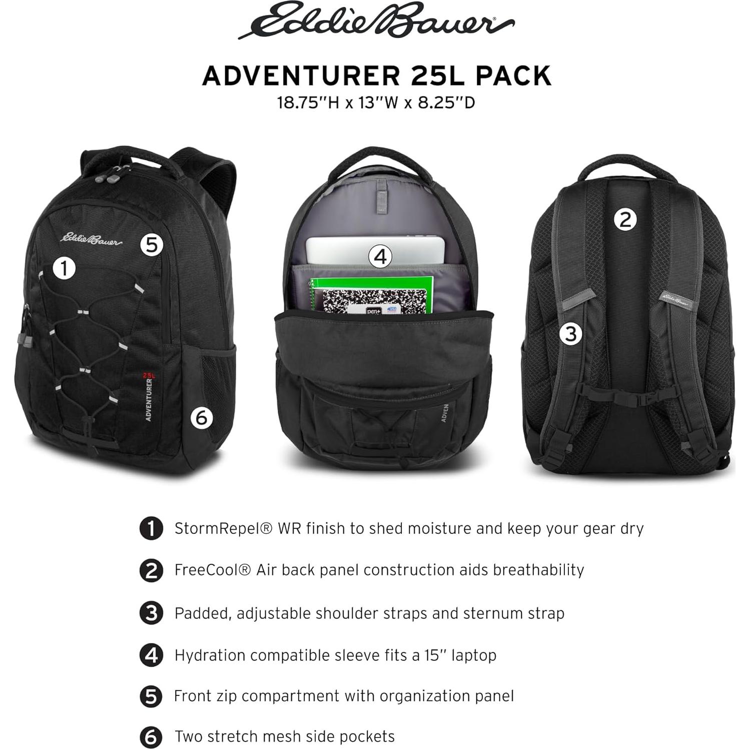 Mochila Eddie Bauer Aventurero 25L Negra con Compartimentos