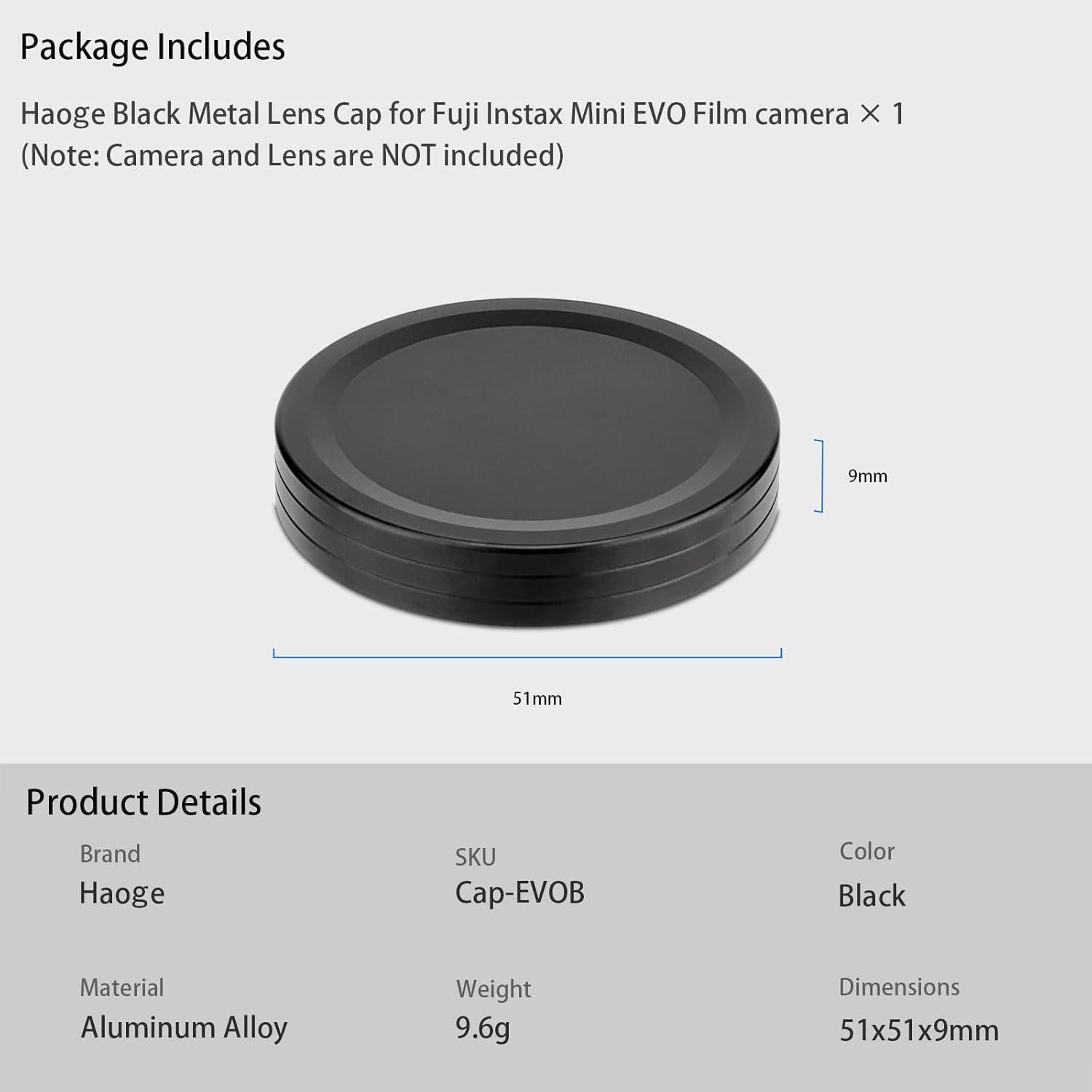 Haoge Metal Lens Cap for Fujifilm Instax Mini Evo Film Photo Camera Accessories Lens Cover,Black
