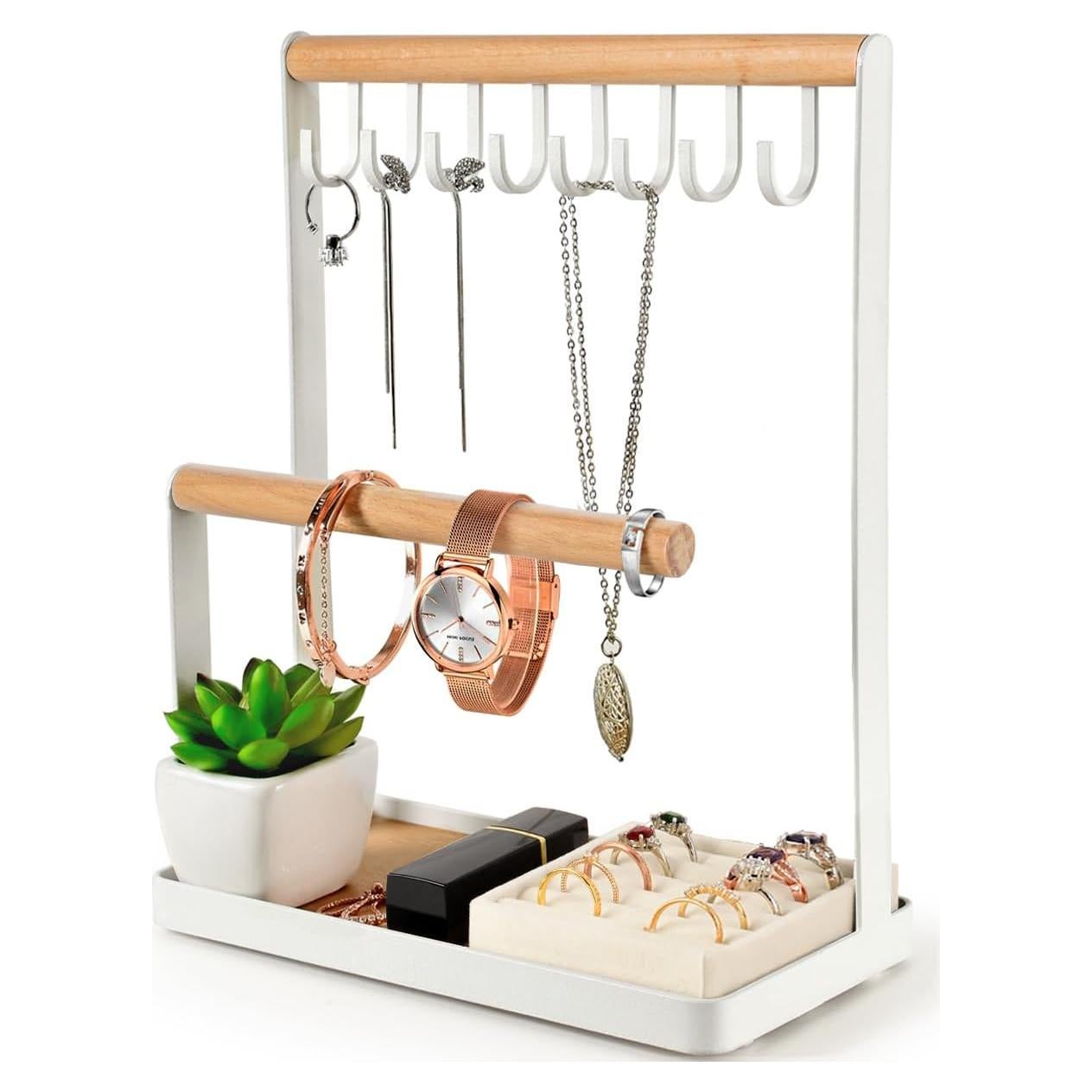 Organizador de Joyería PAMANO Blanco con Soporte y 8 Ganchos