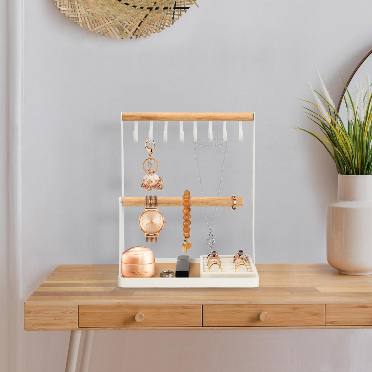 Organizador de Joyería PAMANO Blanco con Soporte y 8 Ganchos