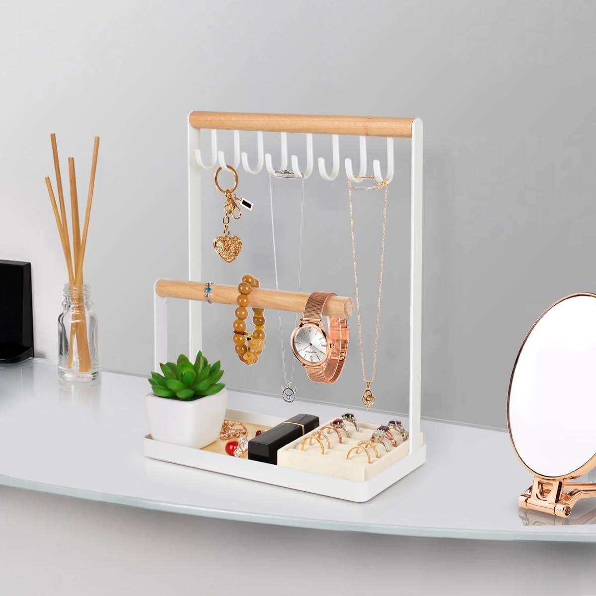 Organizador de Joyería PAMANO Blanco con Soporte y 8 Ganchos