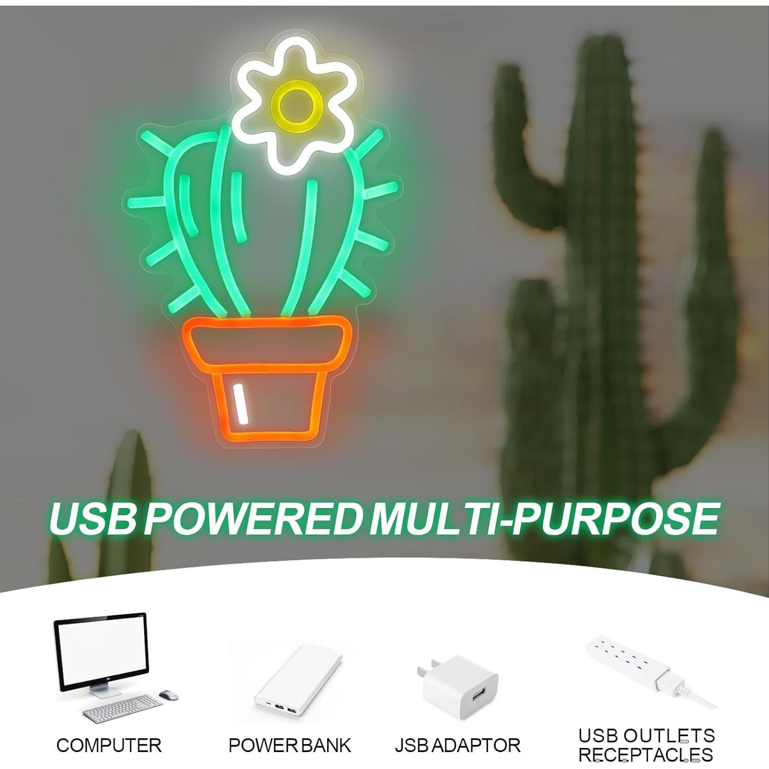 Luz de Neón LED Cactus Verde Mllusxg 42.5x29cm Decorativa