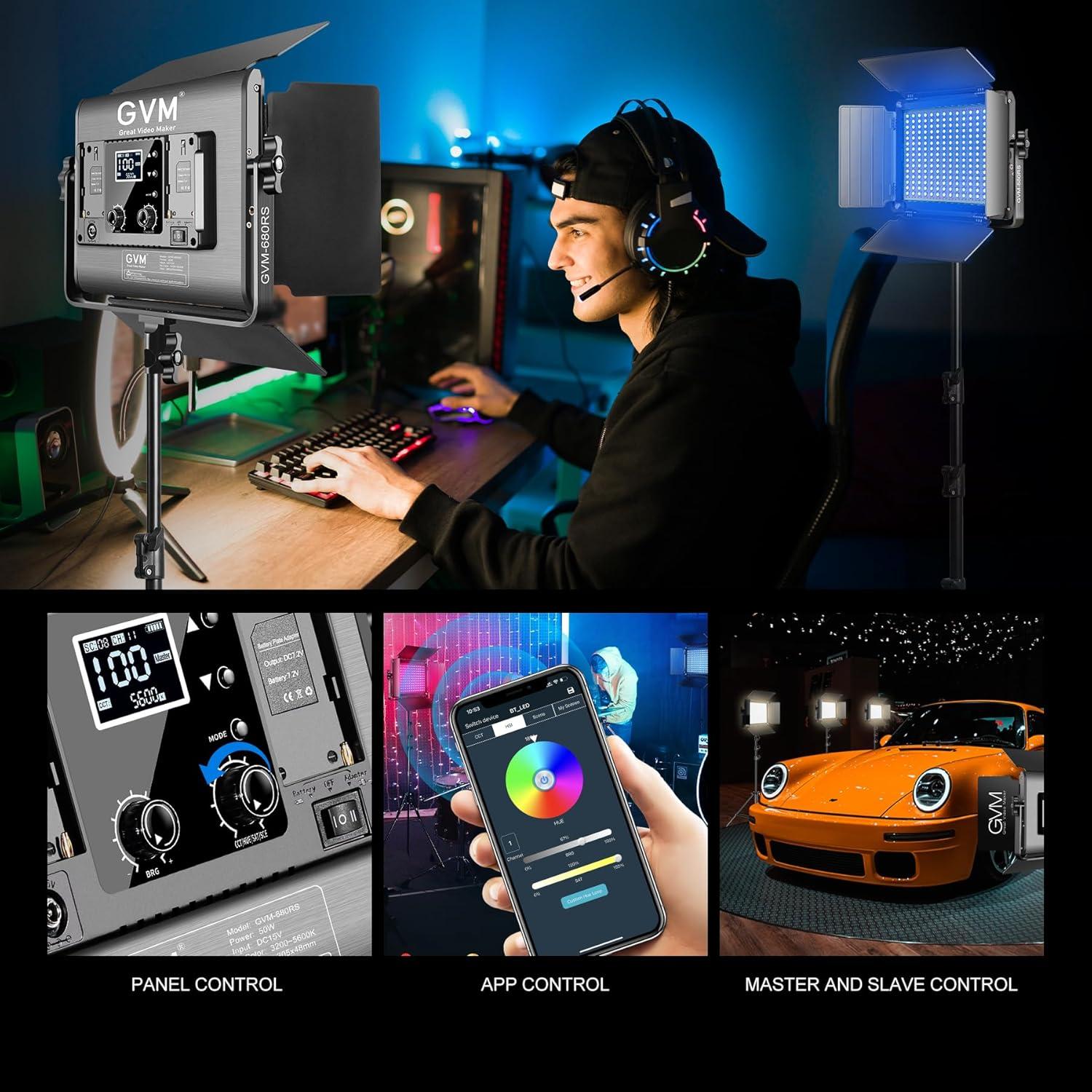 GVM Luz de Video LED RGB 50W con Soporte y Control Bluetooth