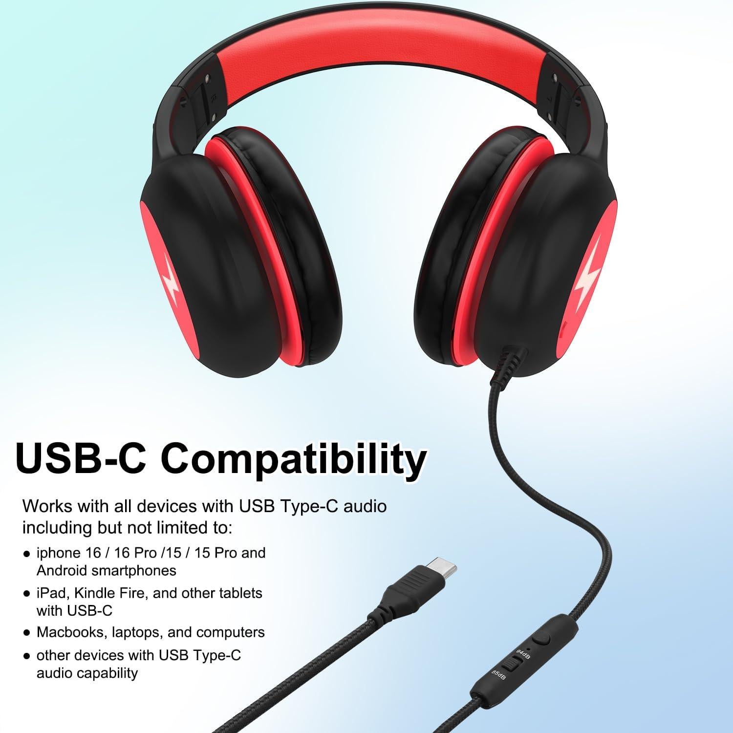 Auriculares con Cable Voopwink KH3 para Niños USB-C Negro-Rojo