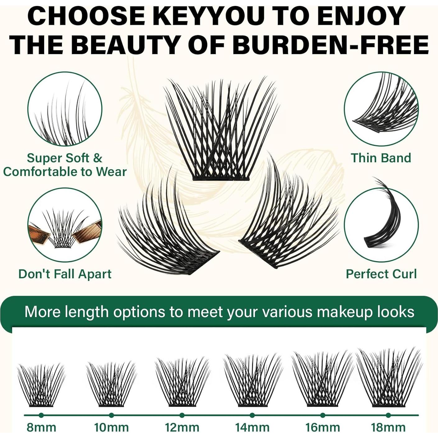 Racimos de Pestañas KEYYOU 144pcs D Curl 10mm Ultra Livianas