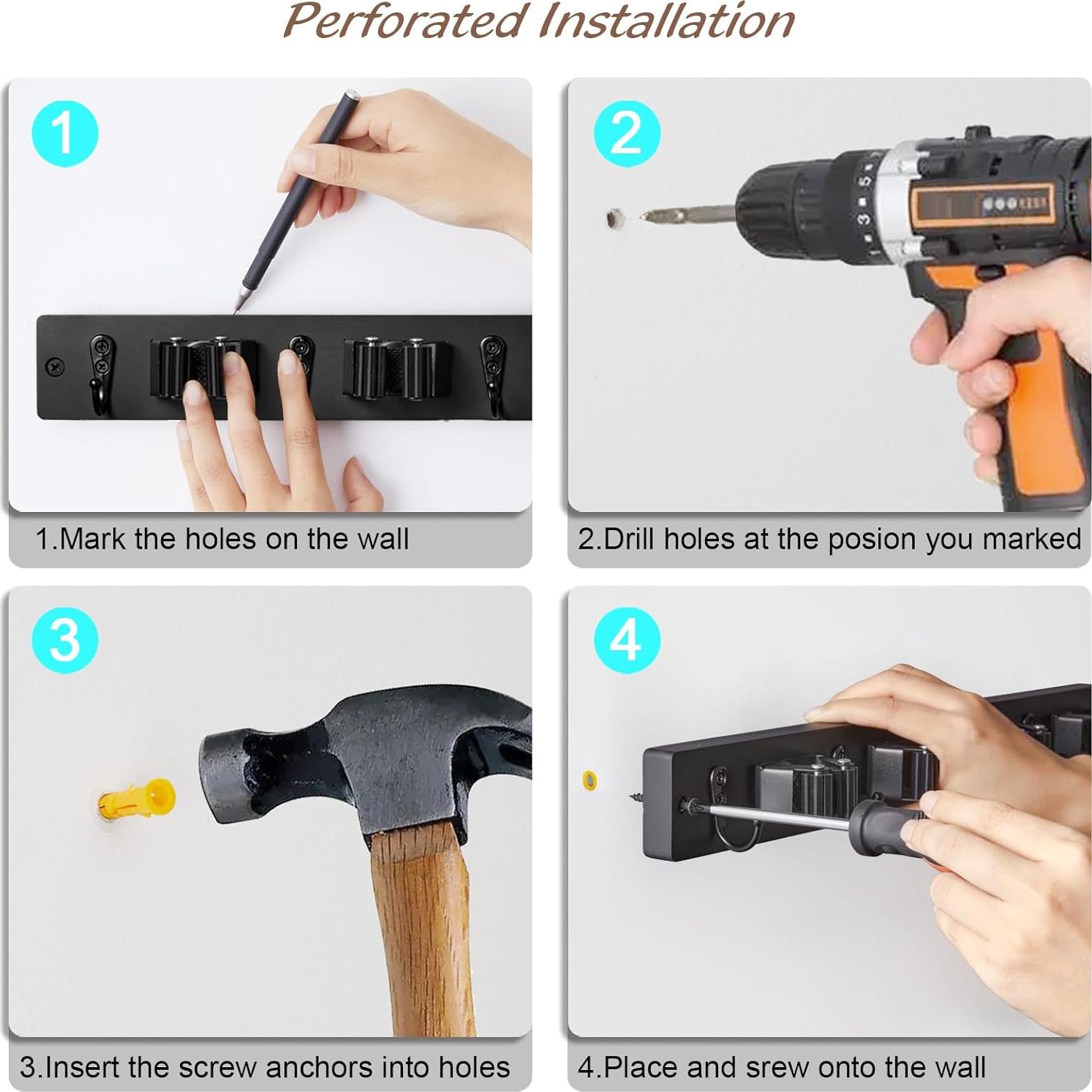 Soporte de Escoba y Mopa Montado en Pared OUTNILI - 2 Paquetes