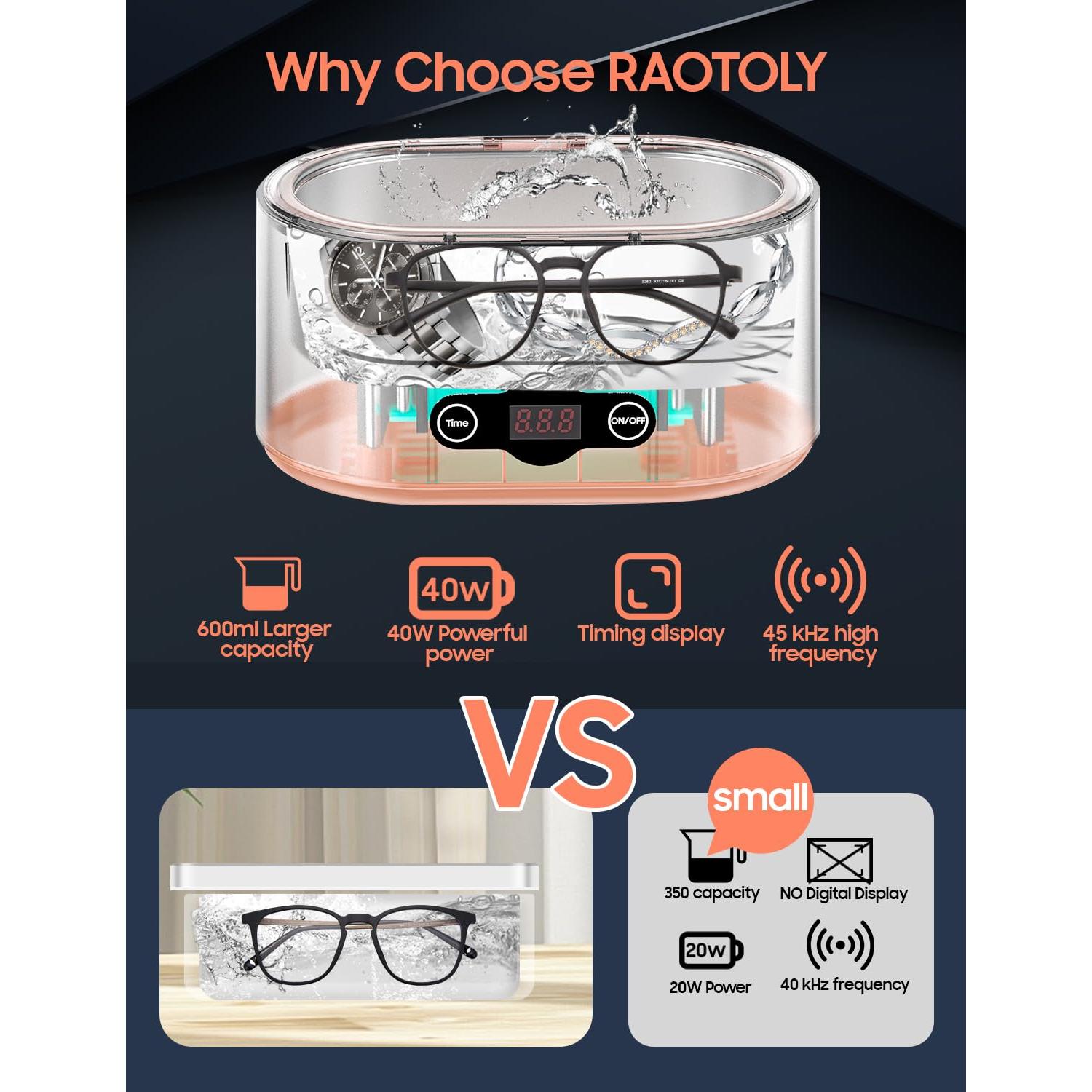 Limpiador ultrasónico RAOTOLY 600ML 45KHz 5 modos limpieza