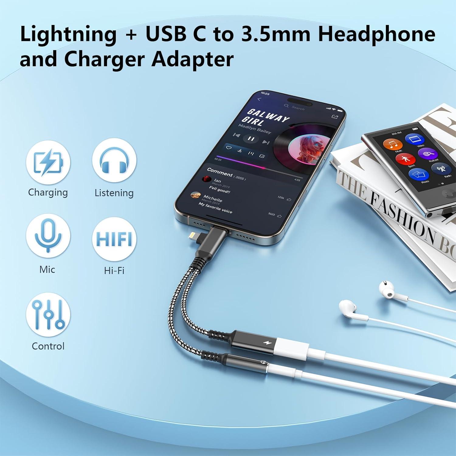 Adaptador Divisor de Auriculares Lightning y USB C HiFi - Negro