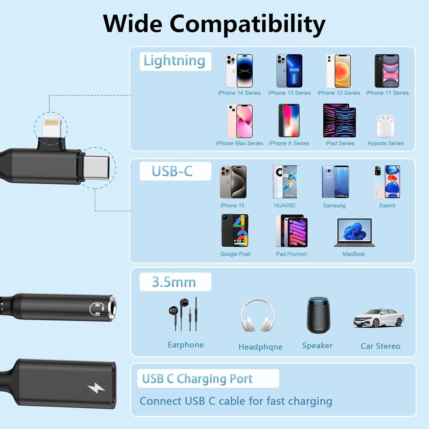 Adaptador Divisor de Auriculares Lightning y USB C HiFi - Negro