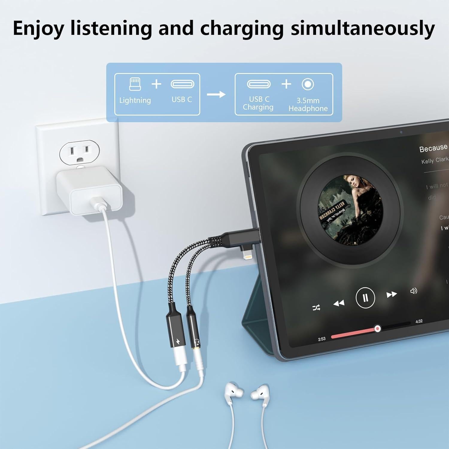 Adaptador Divisor de Auriculares Lightning y USB C HiFi - Negro