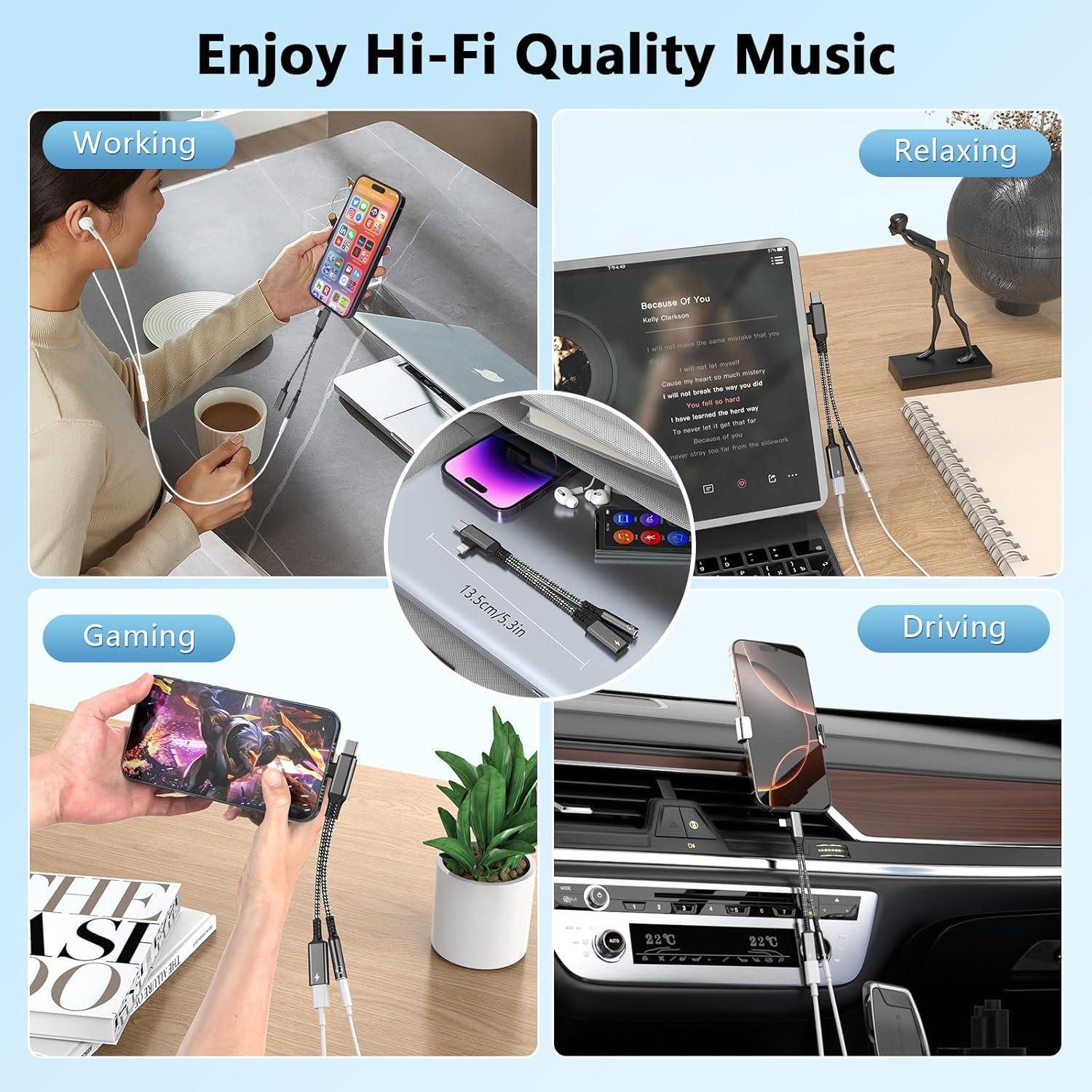 Adaptador Divisor de Auriculares Lightning y USB C HiFi - Negro