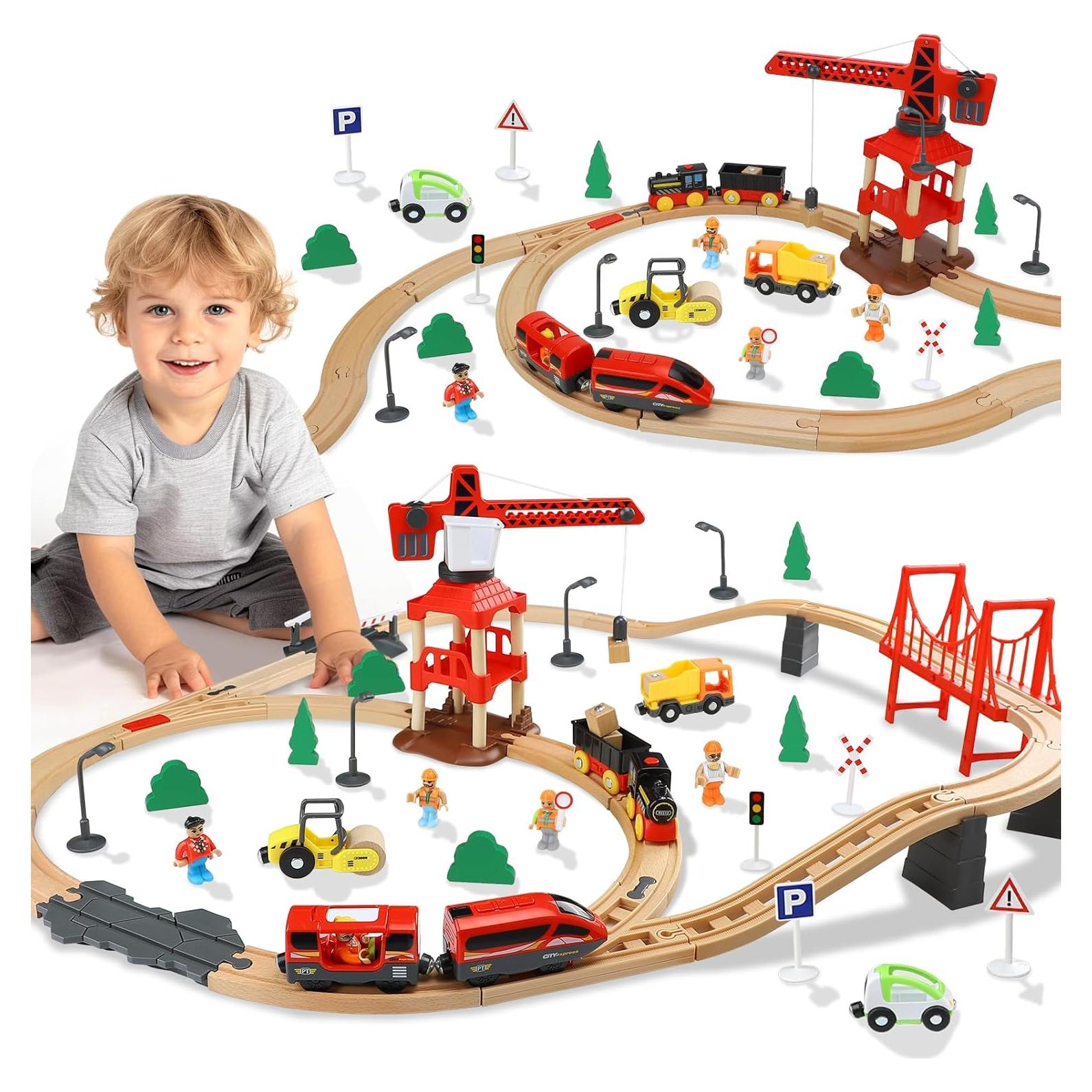 Conjunto de tren de madera TOY Life 80 piezas con grúa