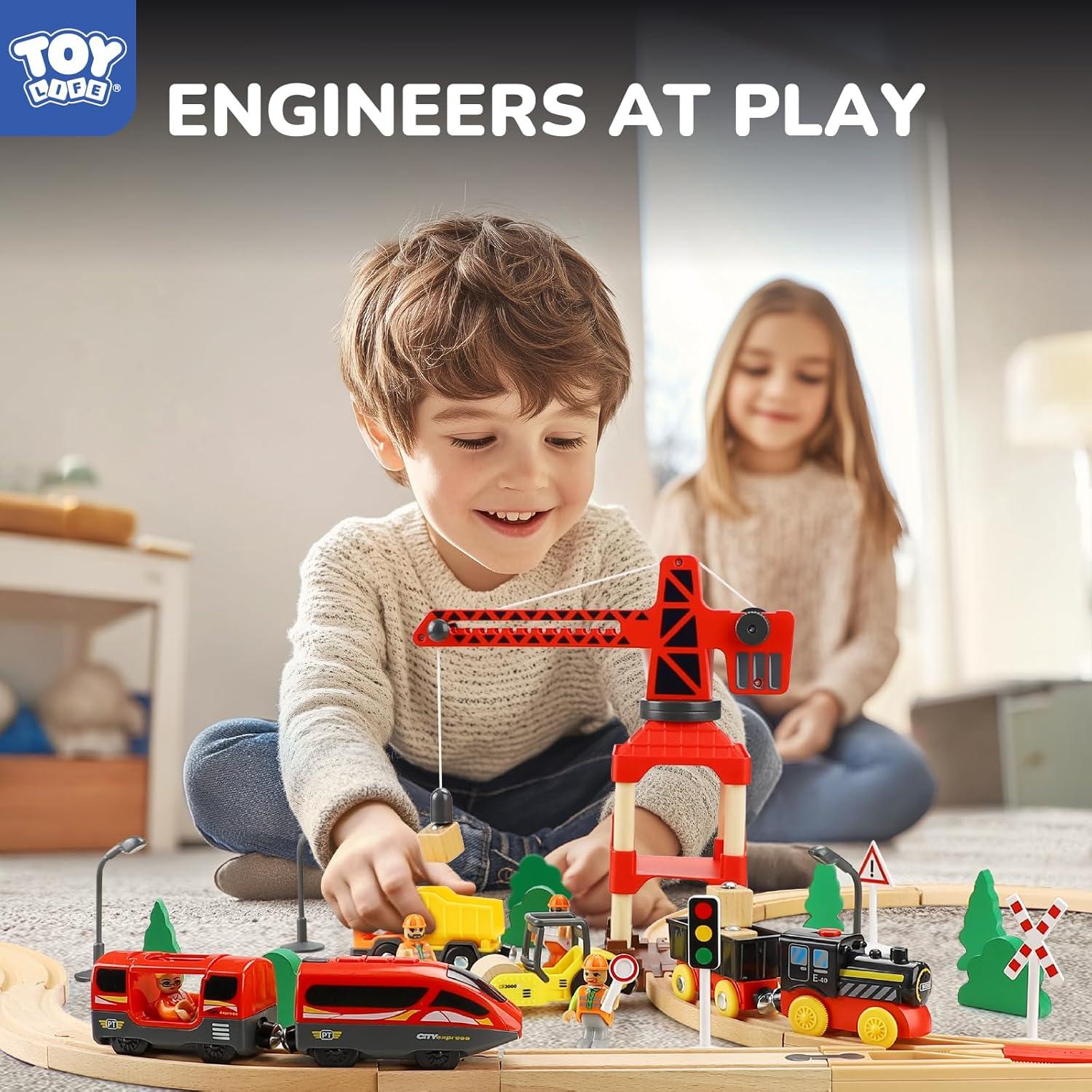 Conjunto de tren de madera TOY Life 80 piezas con grúa