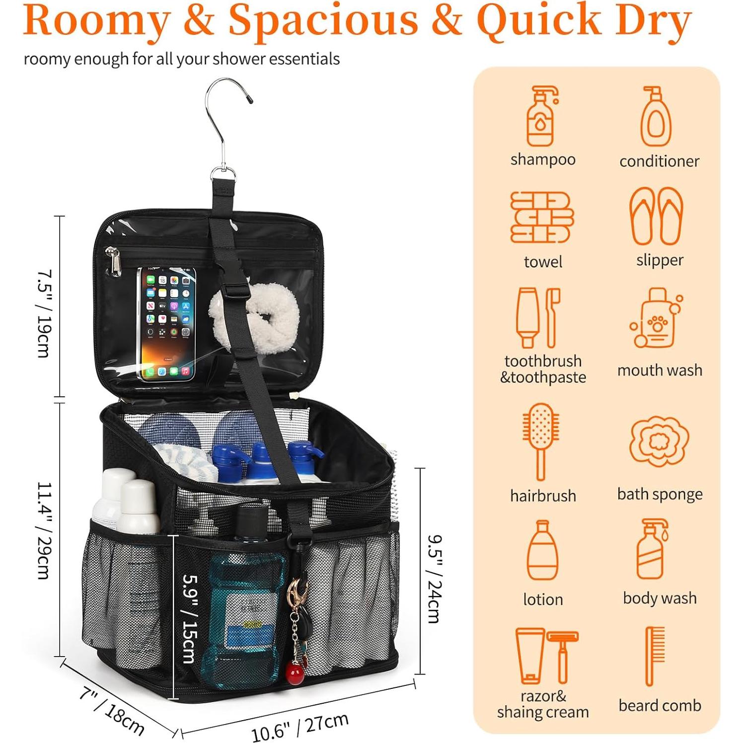 Caddy de Ducha Portátil CUBETASTIC 24.9 cm Negro Secado Rápido