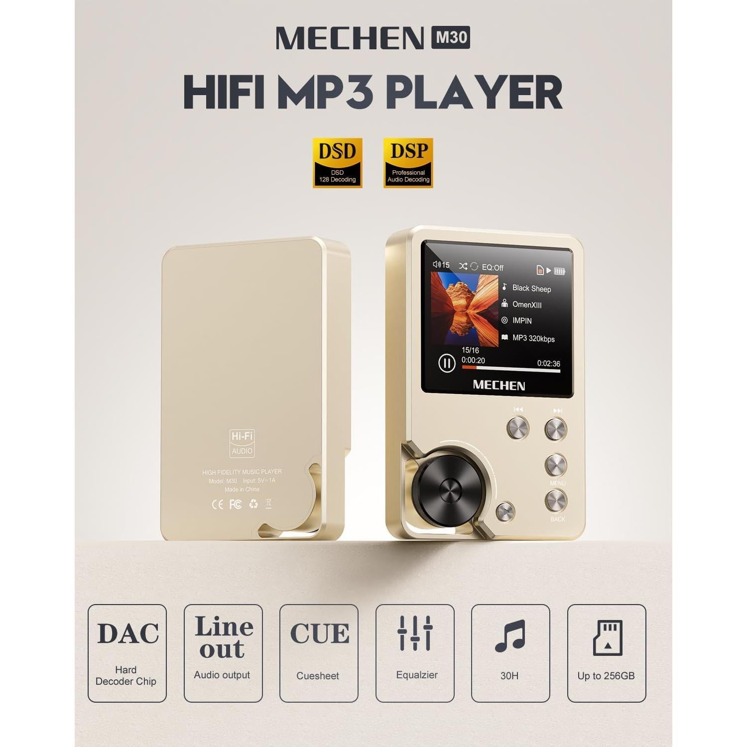 Reproductor MP3 HiFi MECHEN M30 Oro 64GB Alta Resolución